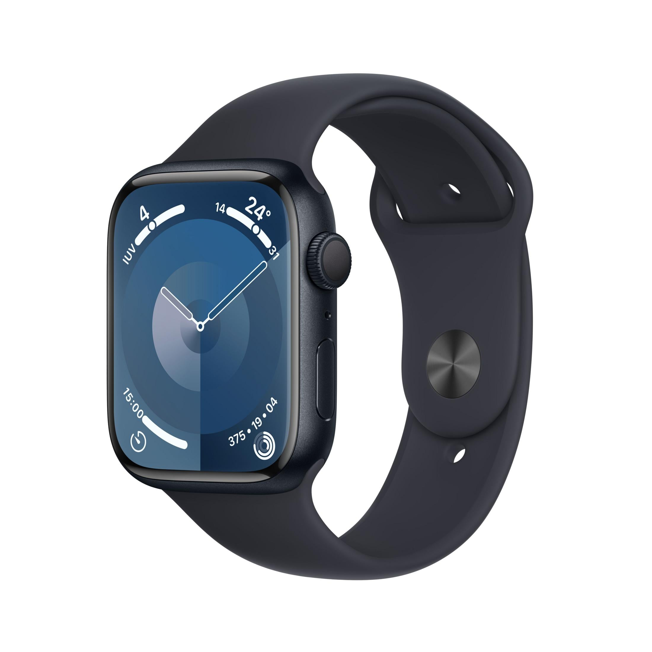 Un reloj inteligente oscuro con pantalla azul que muestra la hora y temperatura.