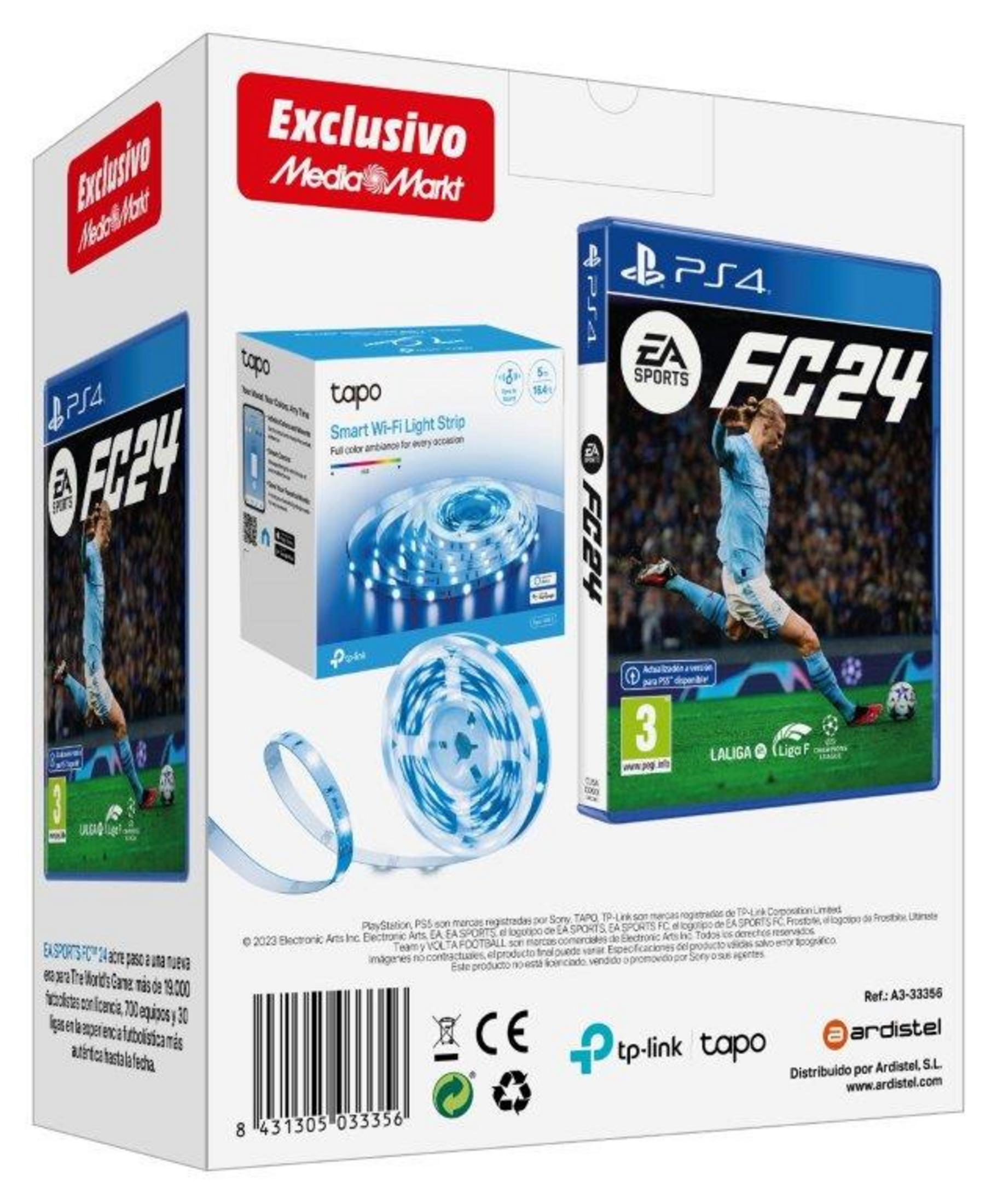 Embalaje con juego PS4 FC24 y tira de luz LED azul Tapo.