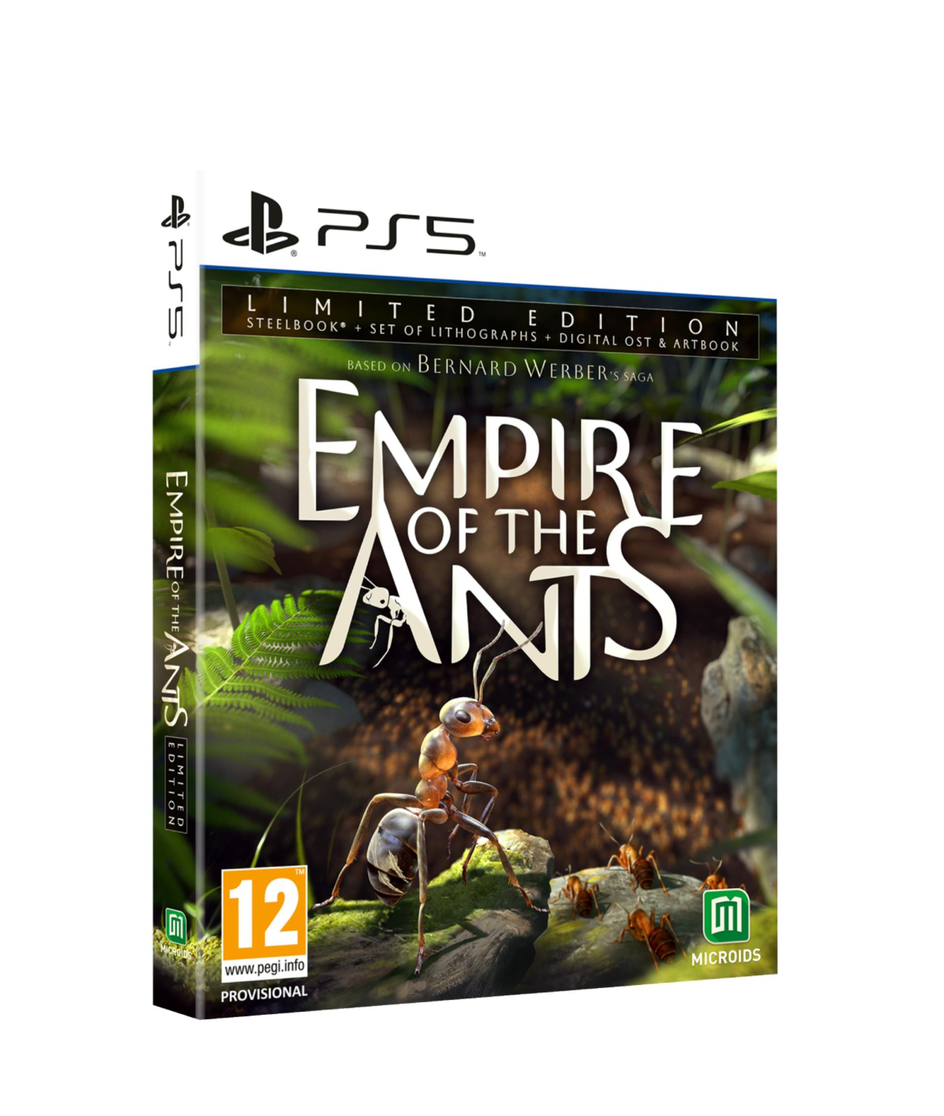Caja "Empire of the Ants" Edición Limitada PS5 con hormigas y calificación de edad 12.