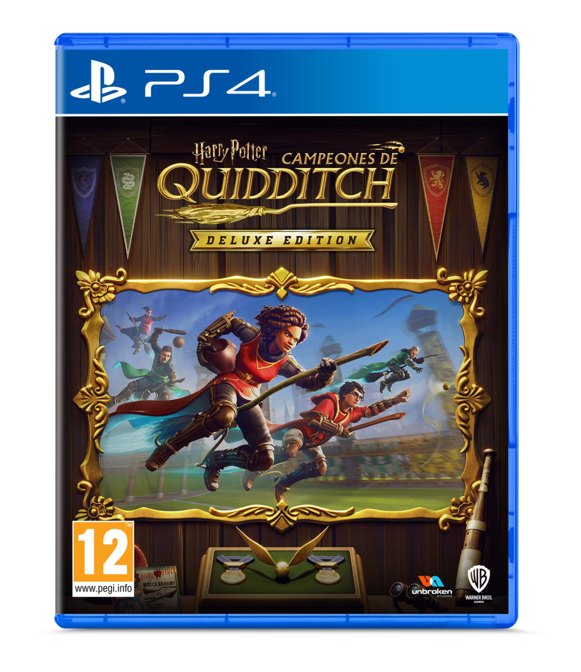 Portada de PS4 Harry Potter Quidditch Campeones de Deluxe Edition con jugadores en escobas.