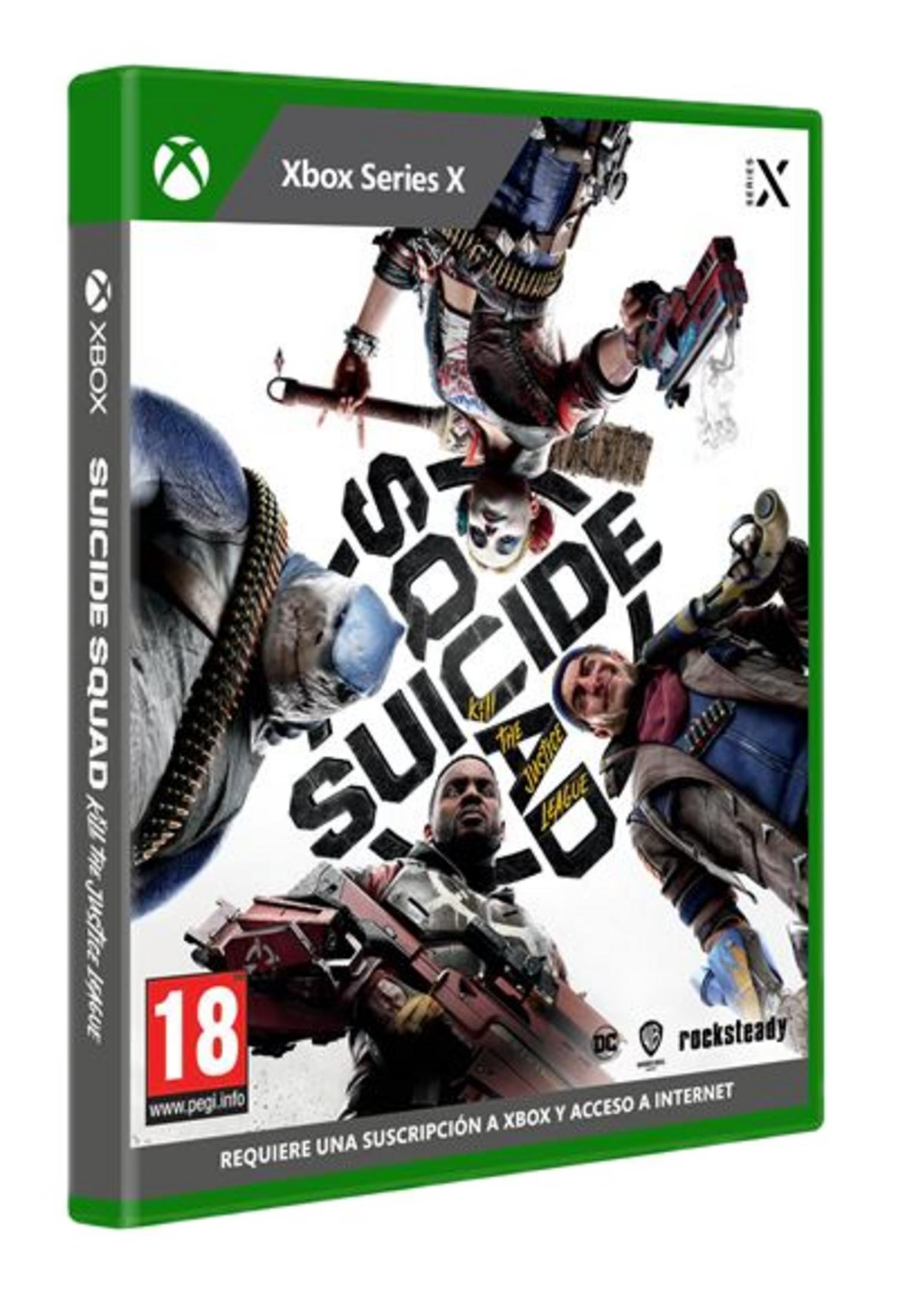 Portada del juego Xbox Suicide Squad con personajes y título.