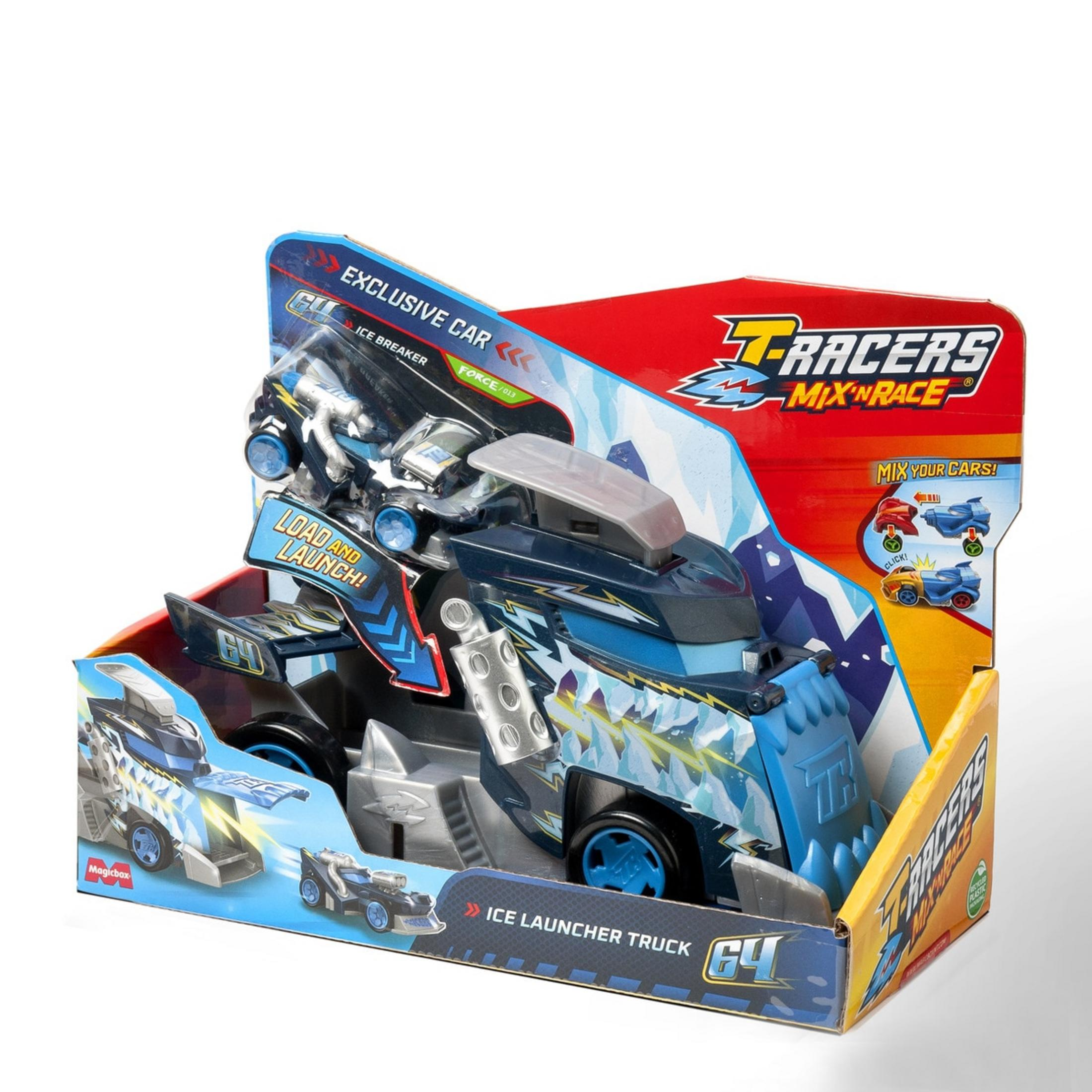 Embalaje de un camión T-Racers Ice Launcher azul y plateado con diseño de hielo.