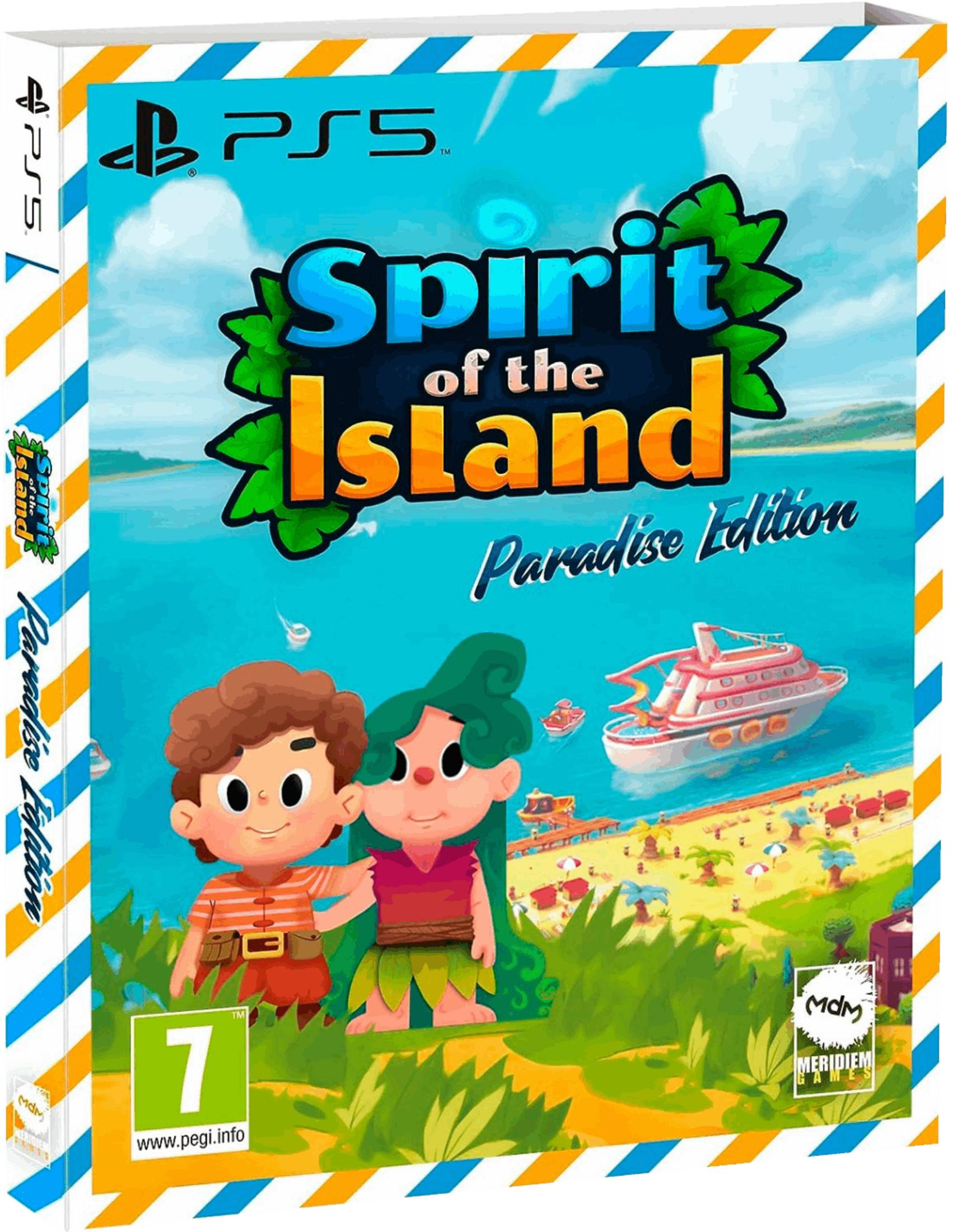 Copertina del gioco Spirit of the Island, PS5. Raffigura due personaggi dei cartoni animati, una barca e un'isola tropicale.