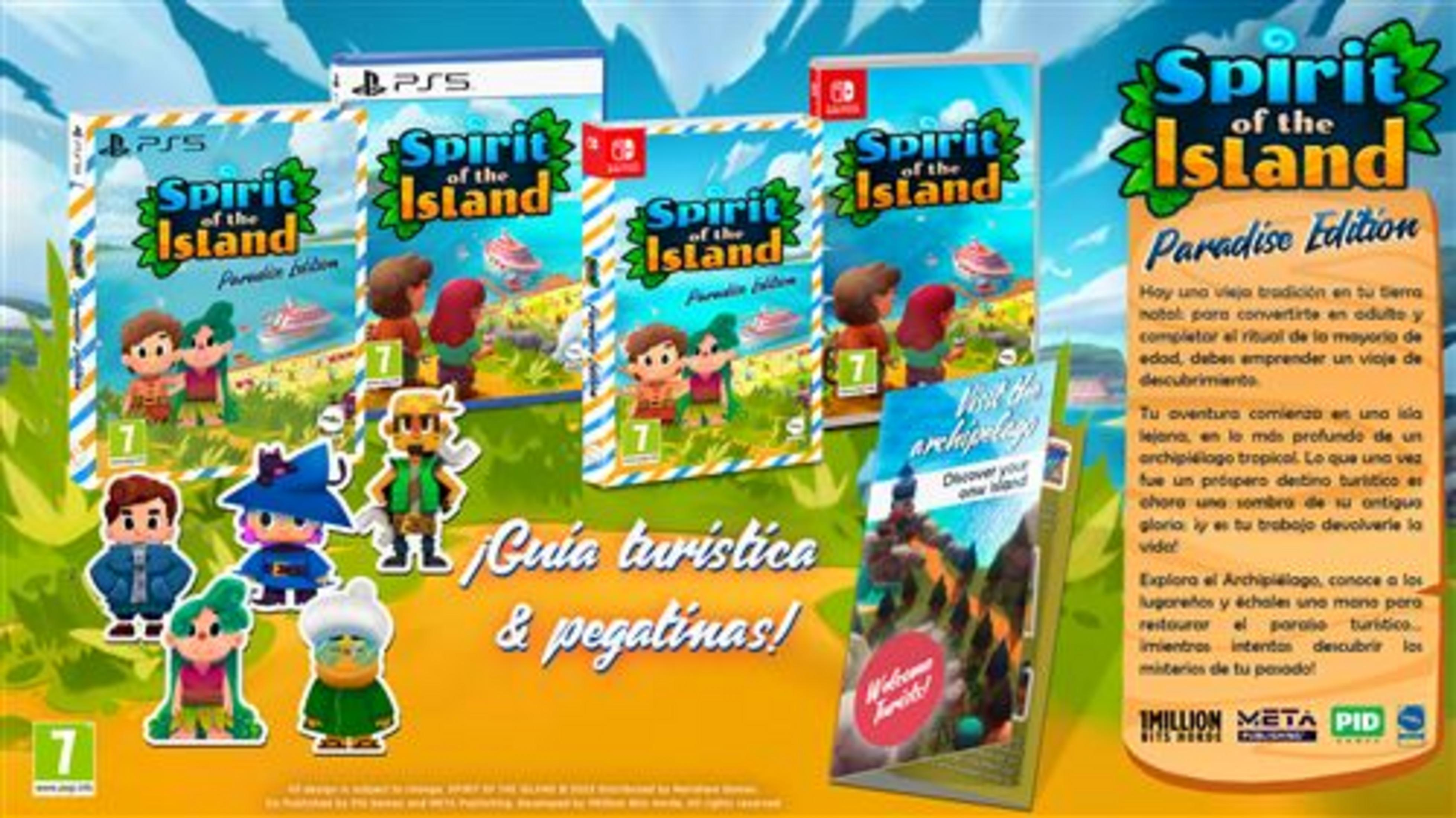 Copertine di gioco "Spirit of the Island" per PS5 e Switch, con personaggi e guida turistica.
