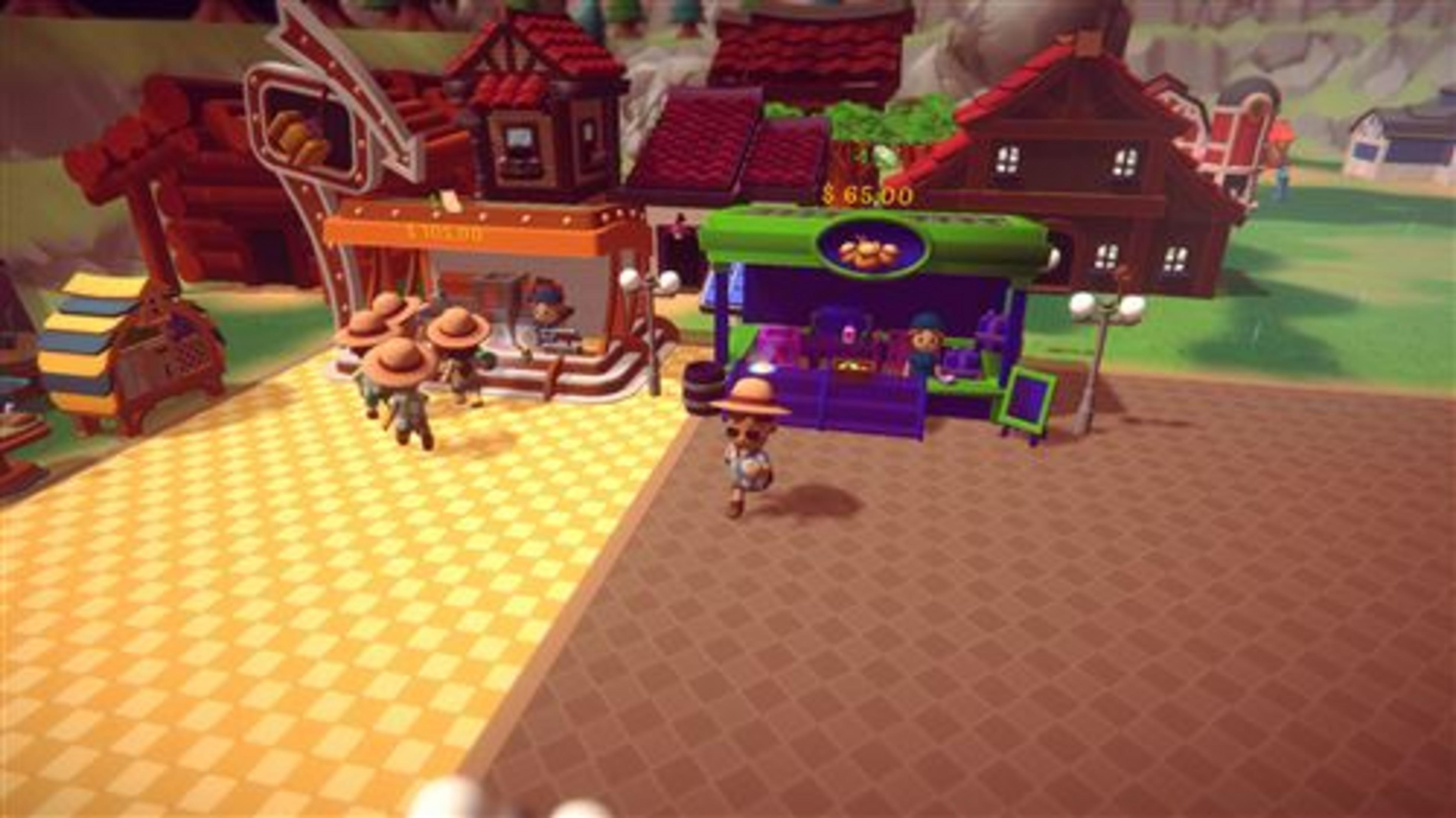 Negozi colorati e personaggi in un ambiente di gioco con pavimento a scacchi.
