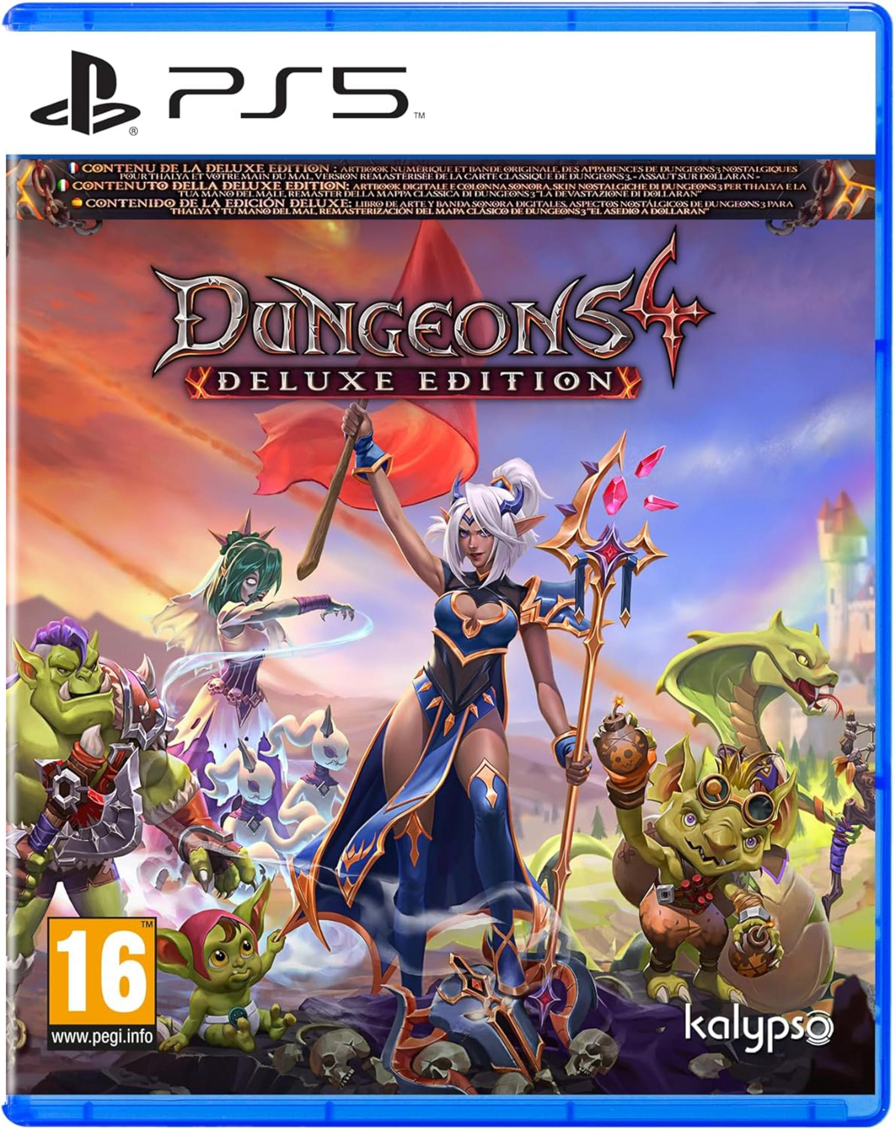 La copertina presenta Dungeons 4 Deluxe Edition con molti personaggi e un drago.
