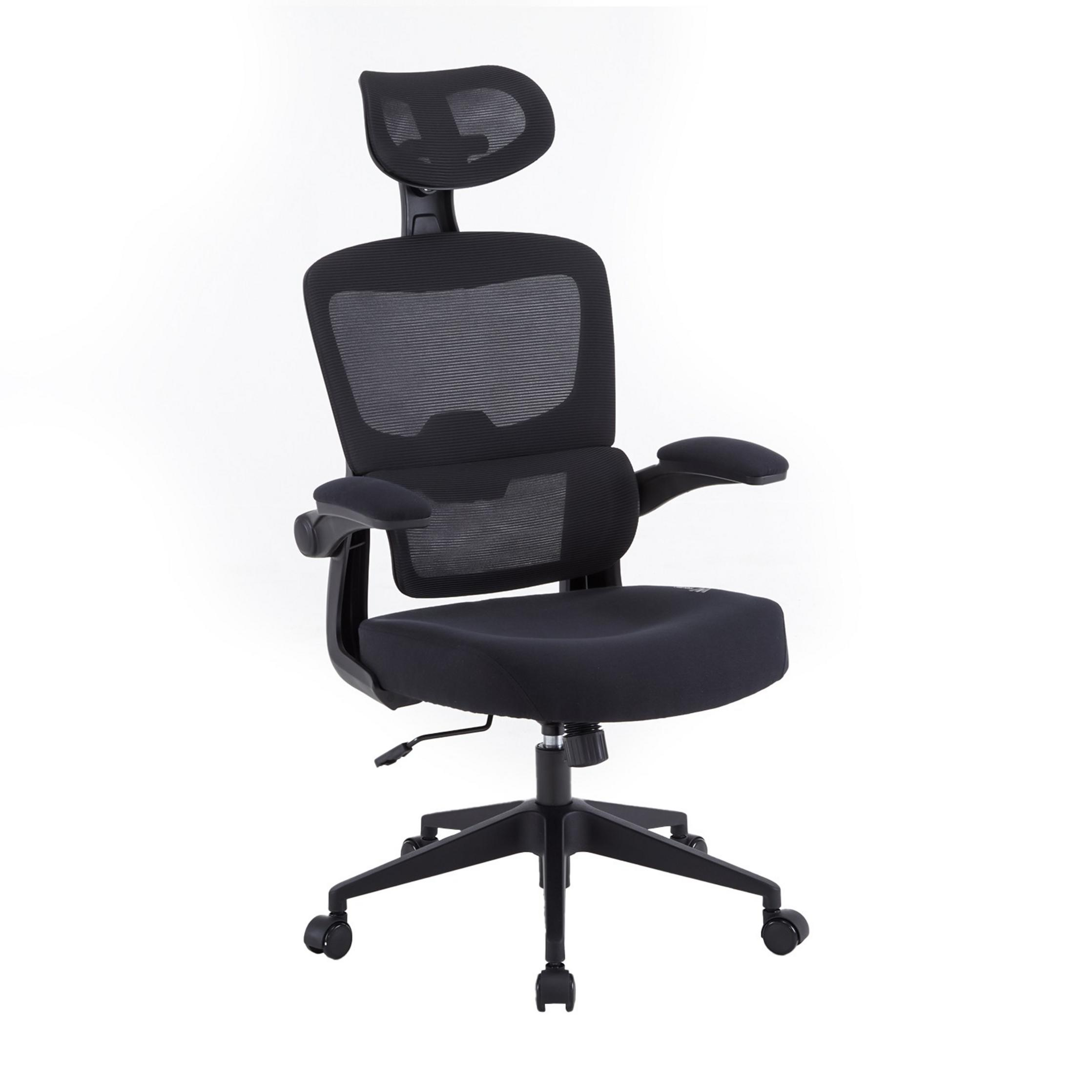 Una silla de oficina negra de malla con reposabrazos y reposacabezas ajustables, sobre fondo blanco.