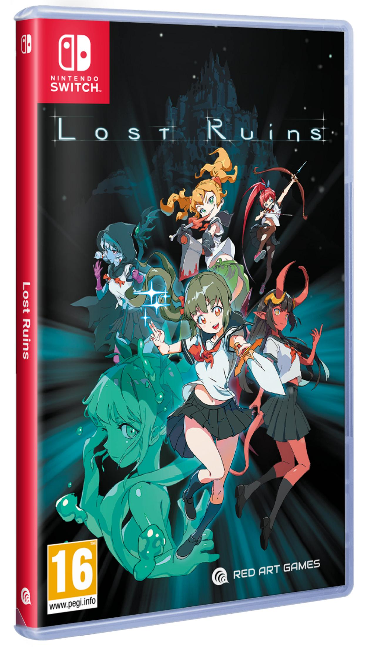 Funda de juego Nintendo Switch con personajes de anime y castillo de fondo.