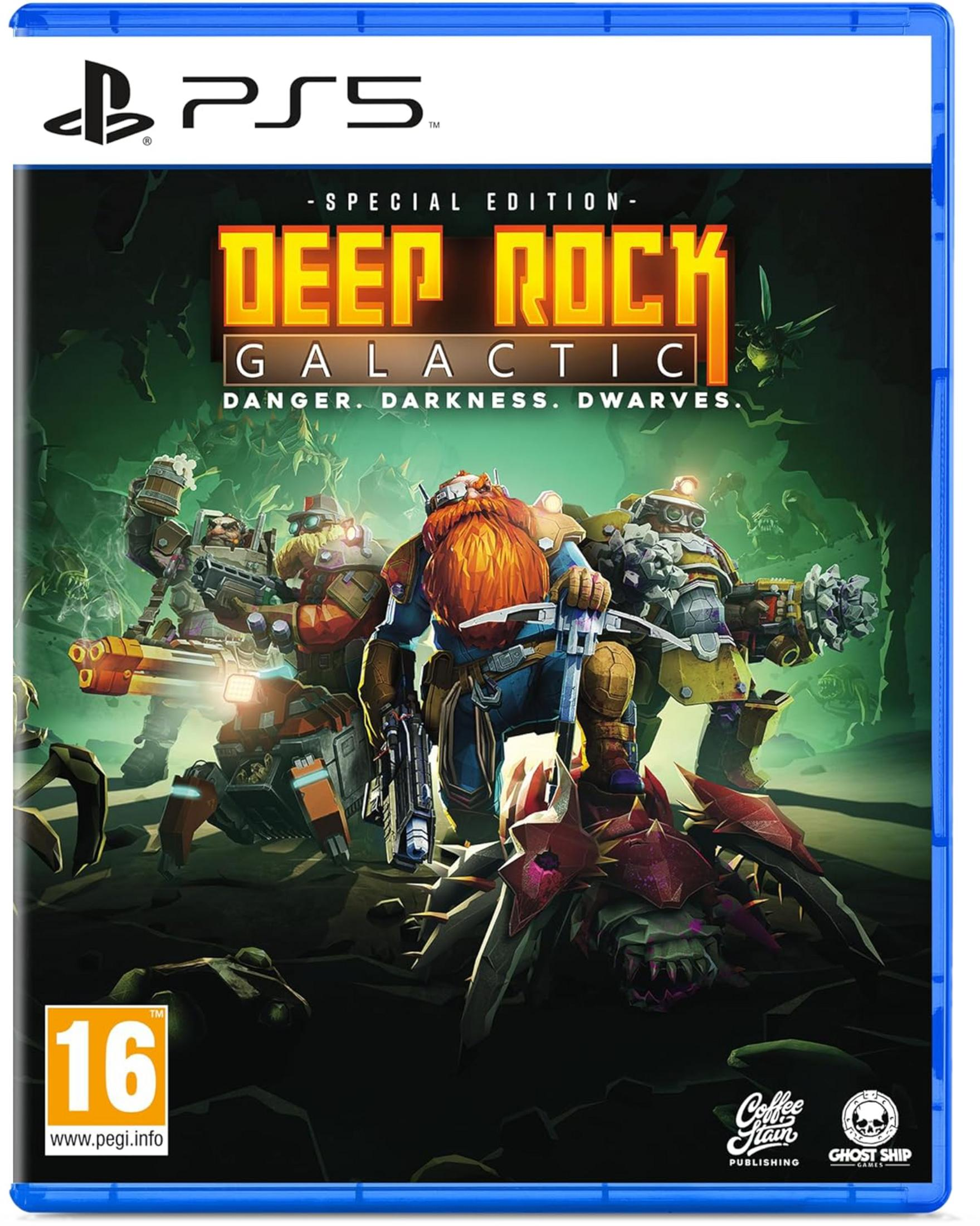 Copertina Special Edition del gioco PS5 "Deep Rock Galactic" con quattro nani.