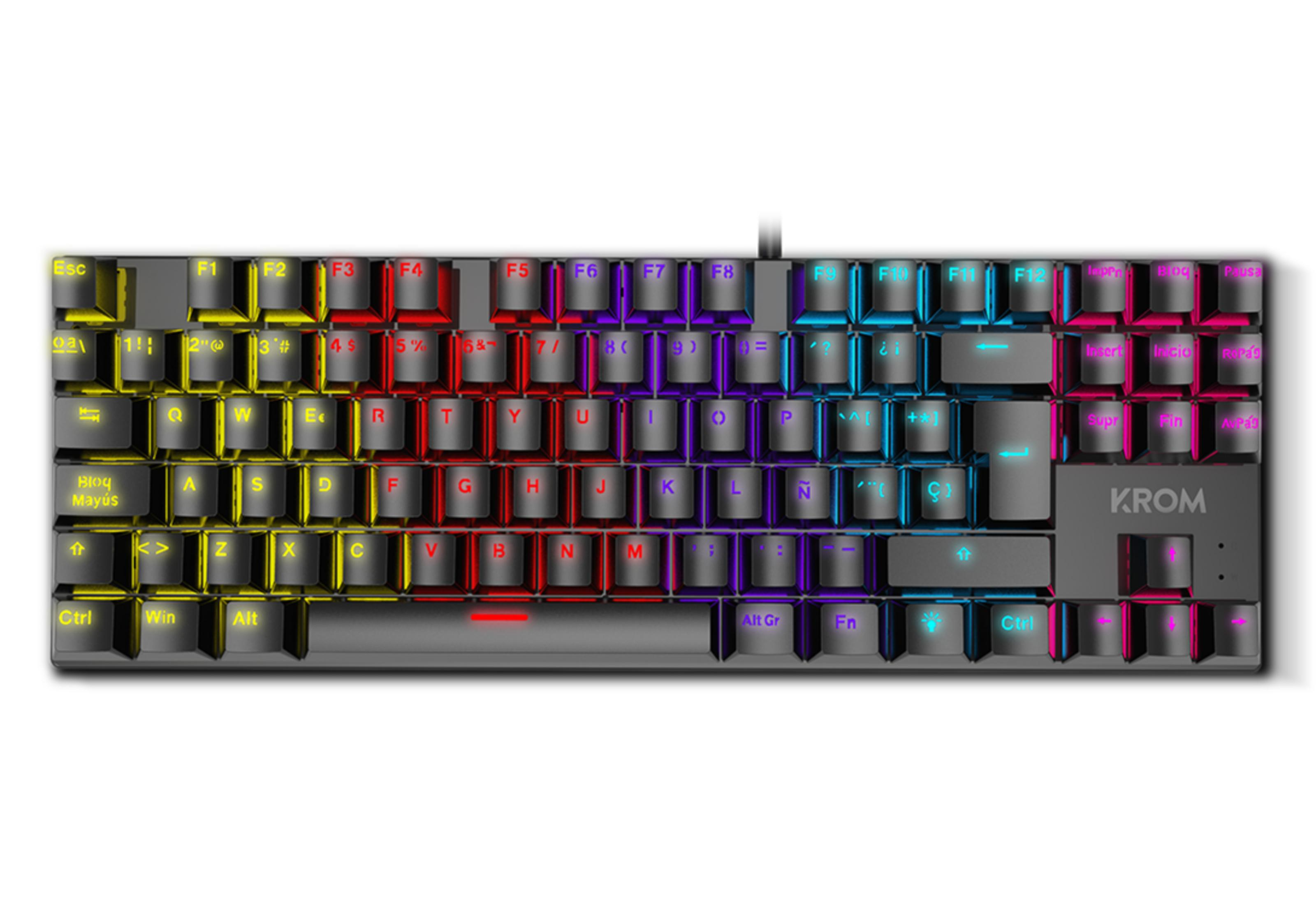 Una tastiera grigia con illuminazione RGB sui tasti.