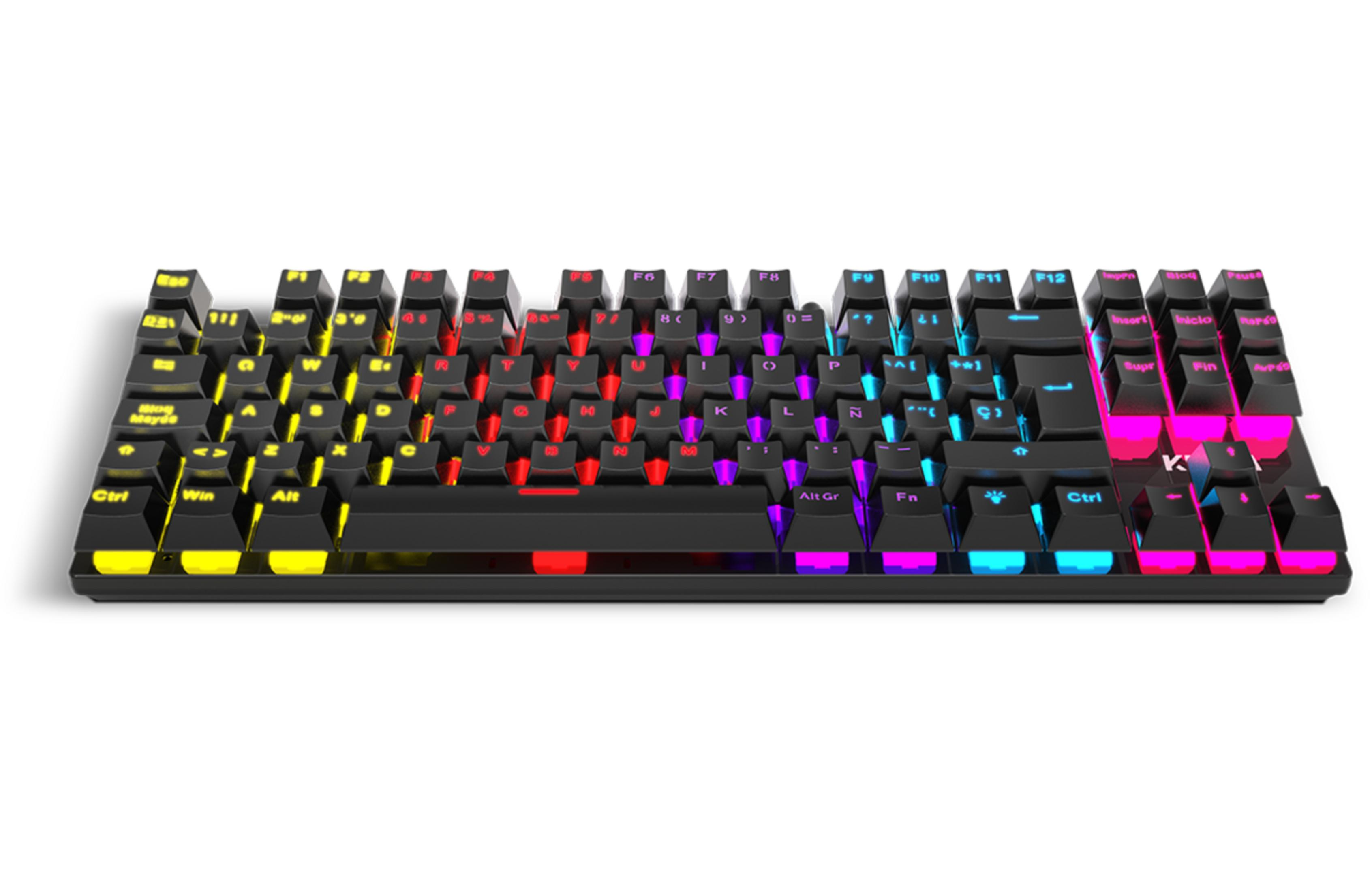Una tastiera gaming nera con tasti illuminati rossi, gialli, blu e viola.