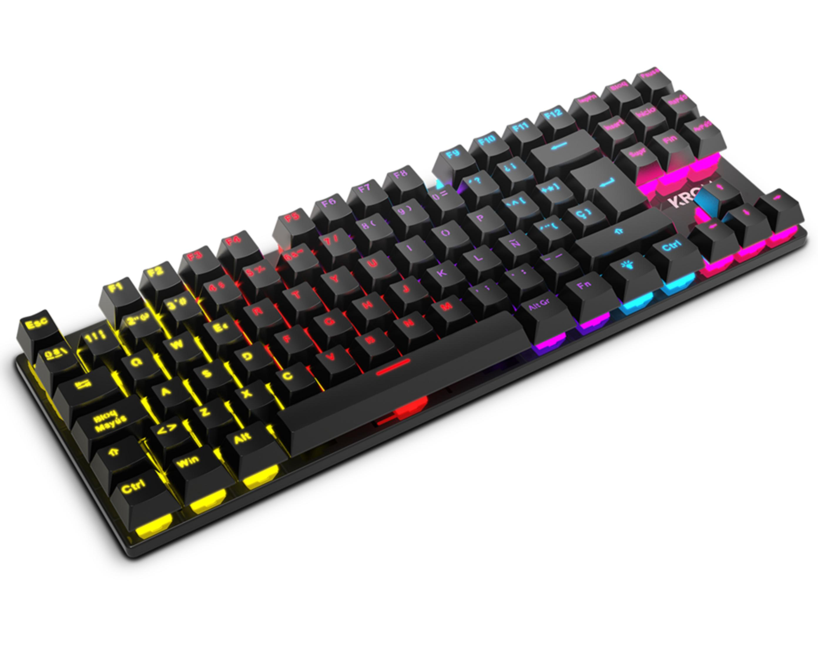 Tastiera nera con retroilluminazione RGB gialla, rossa, blu e viola.