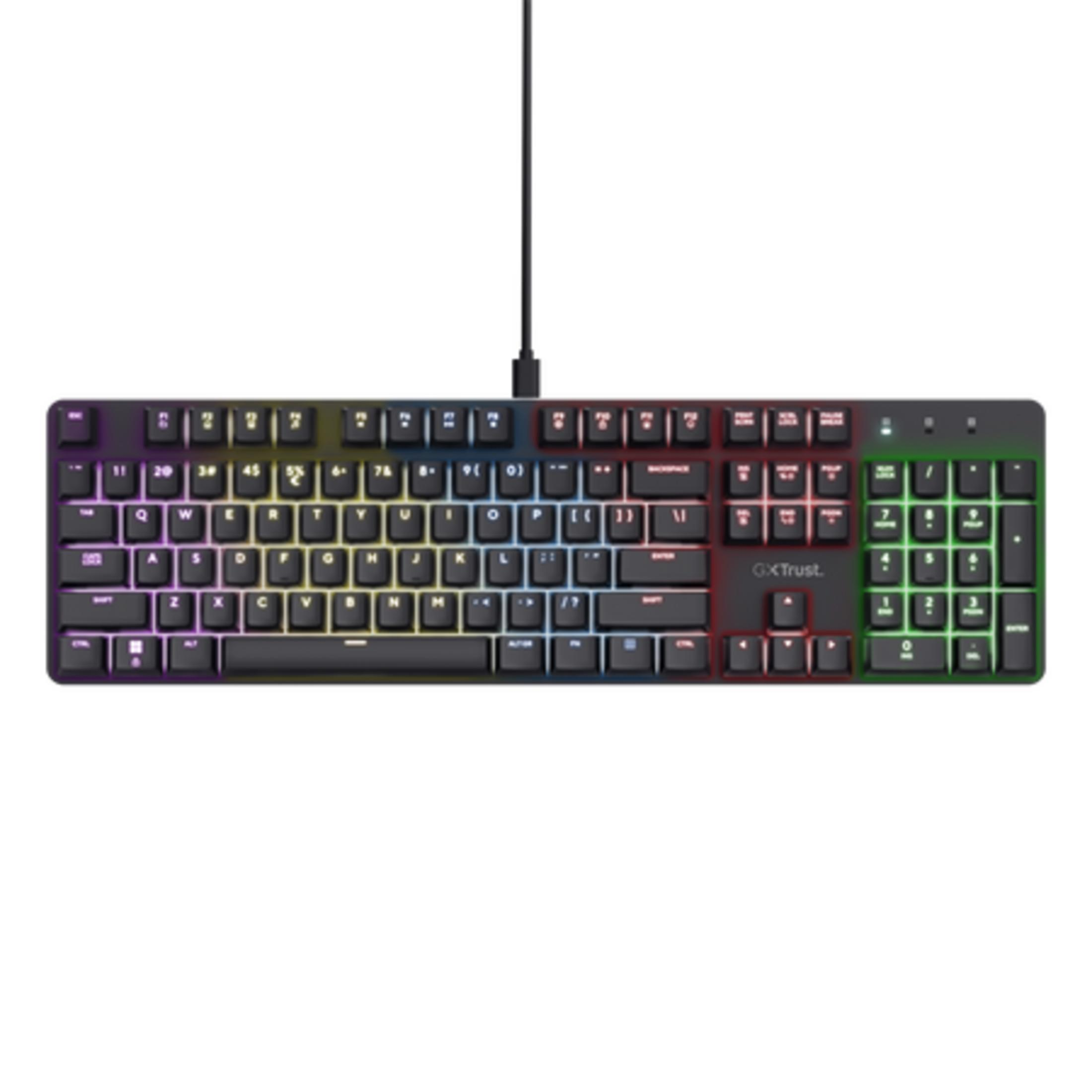 Una tastiera nera con illuminazione RGB e tastierino numerico, con cavo.