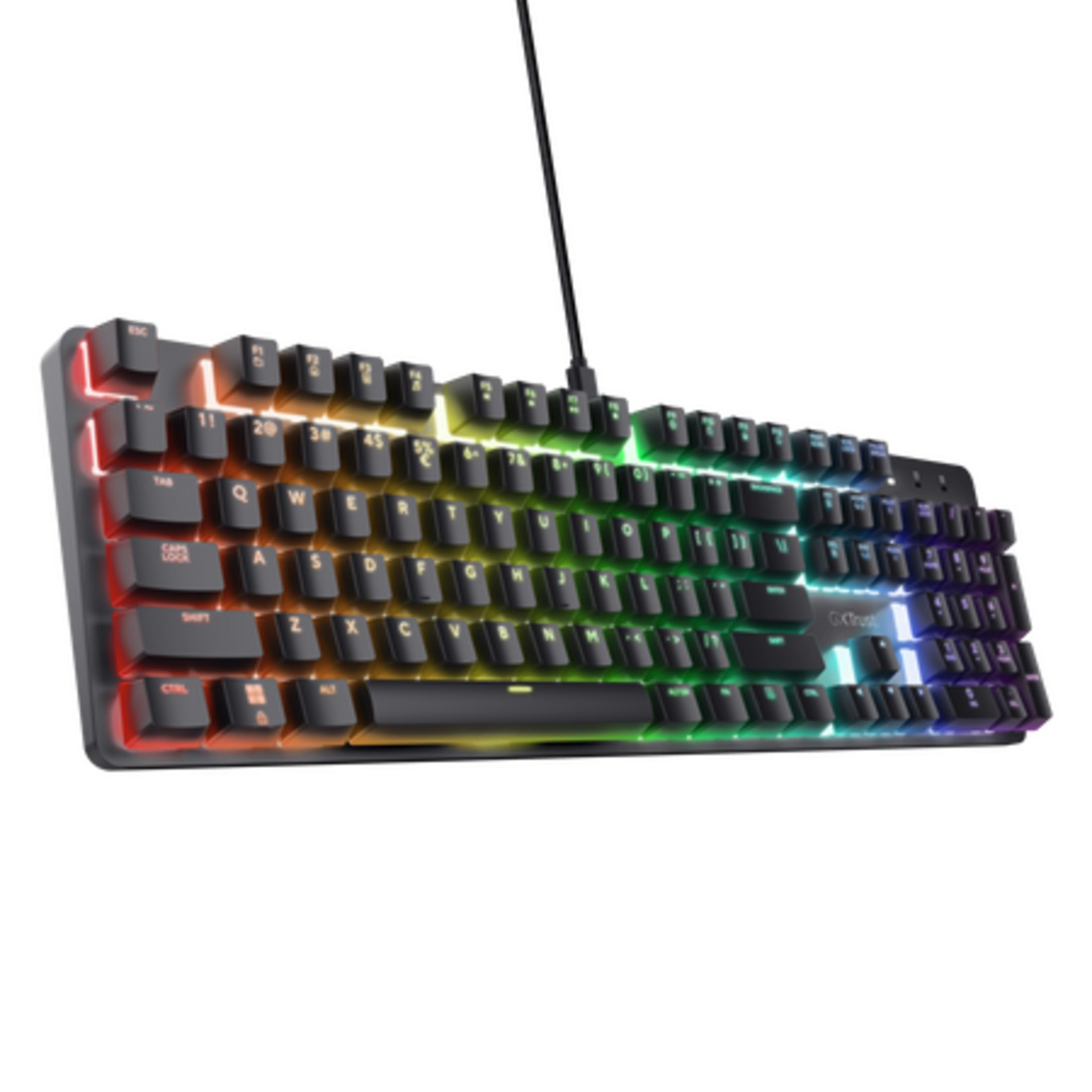 Tastiera nera con illuminazione RGB che passa dal rosso al giallo al verde.