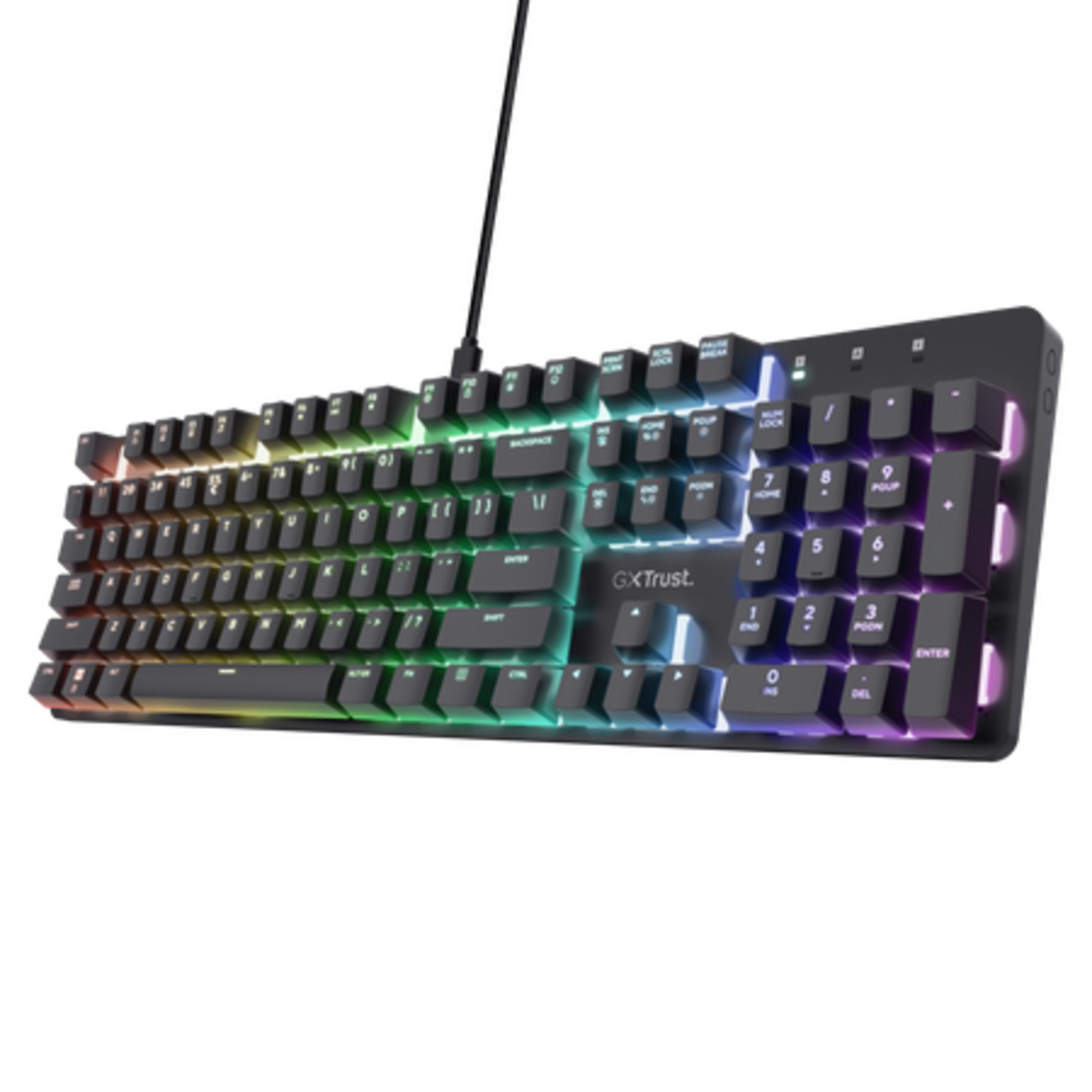 Una tastiera nera con illuminazione RGB e un cavo.