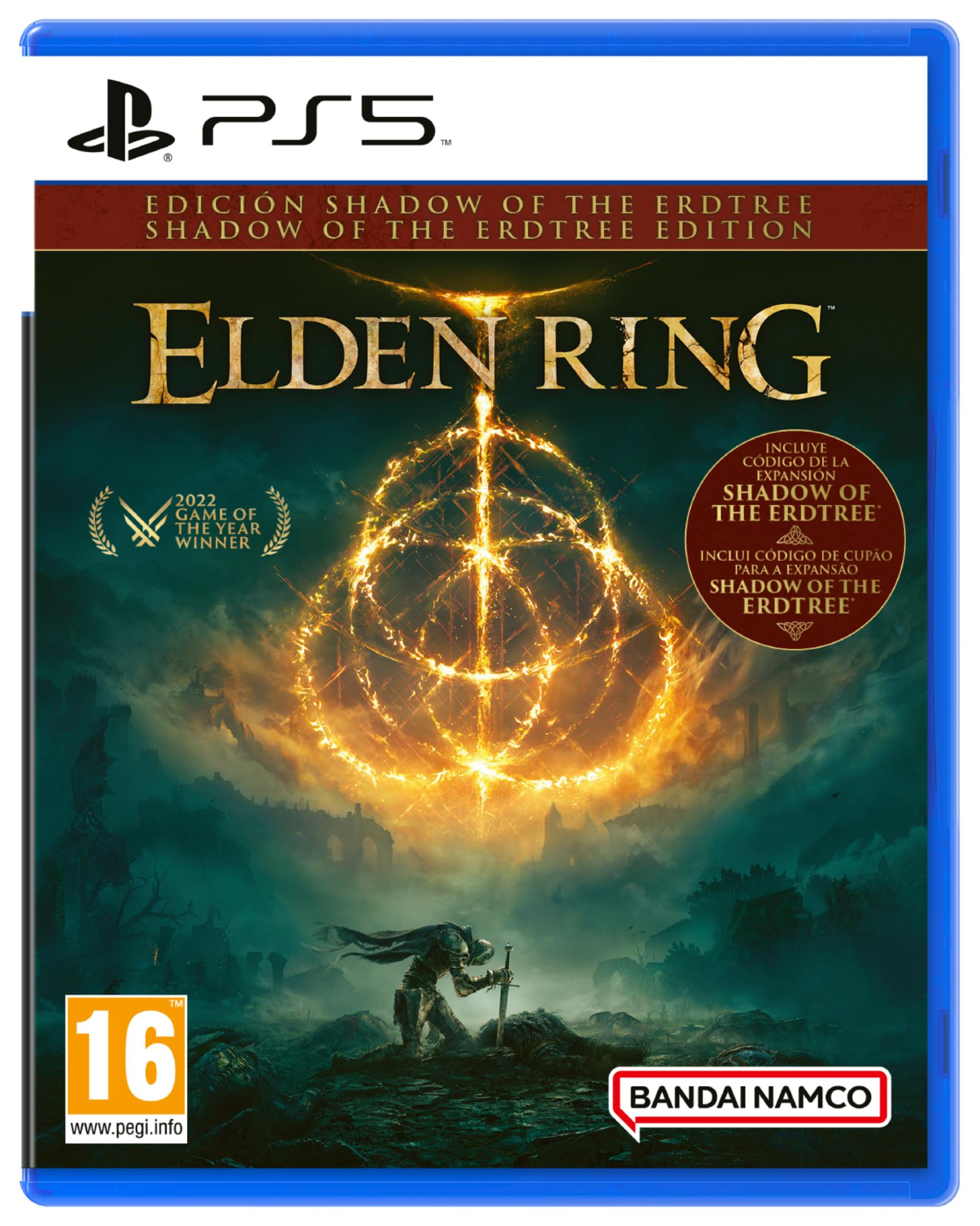 Copertina gioco Elden Ring PS5 con cavaliere e cerchio luminoso. PEGI 16.