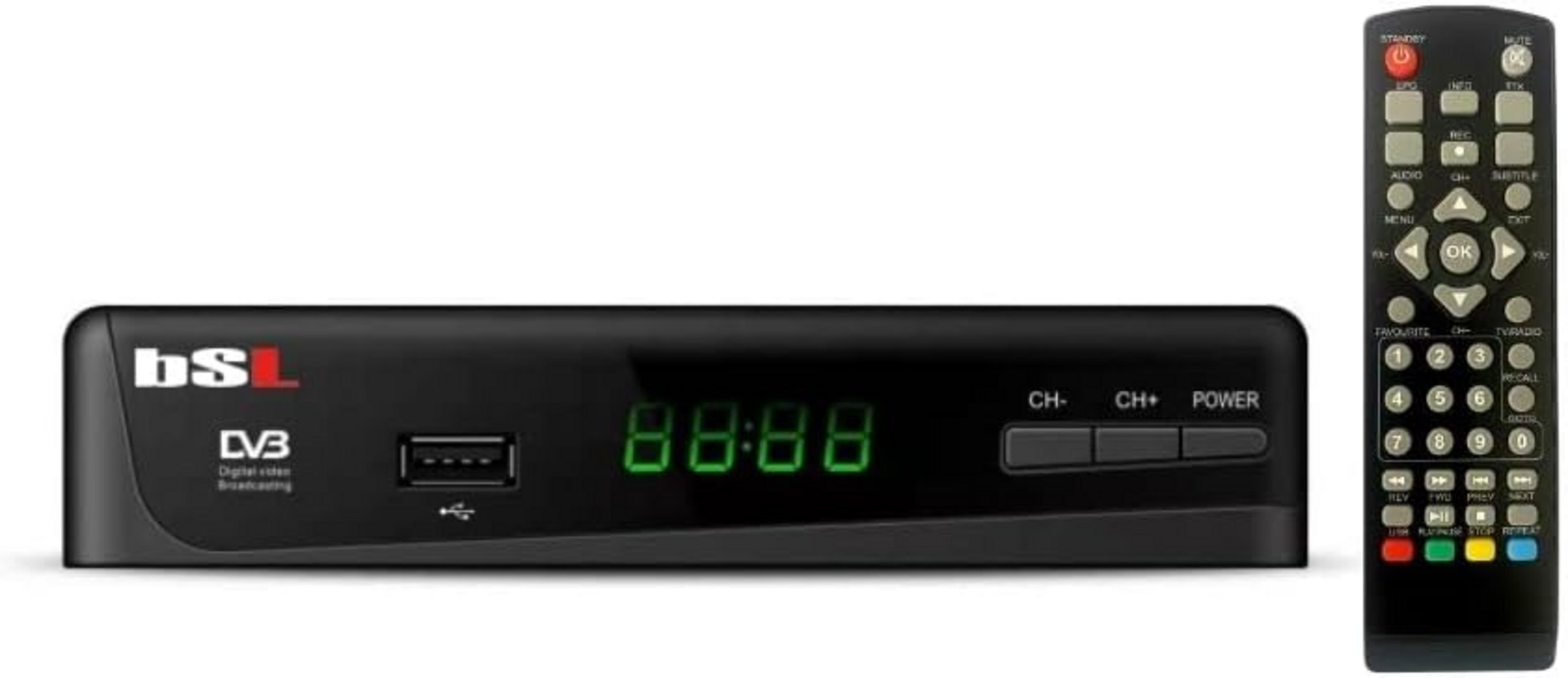Un receptor digital negro con pantalla verde y un mando a distancia al lado.