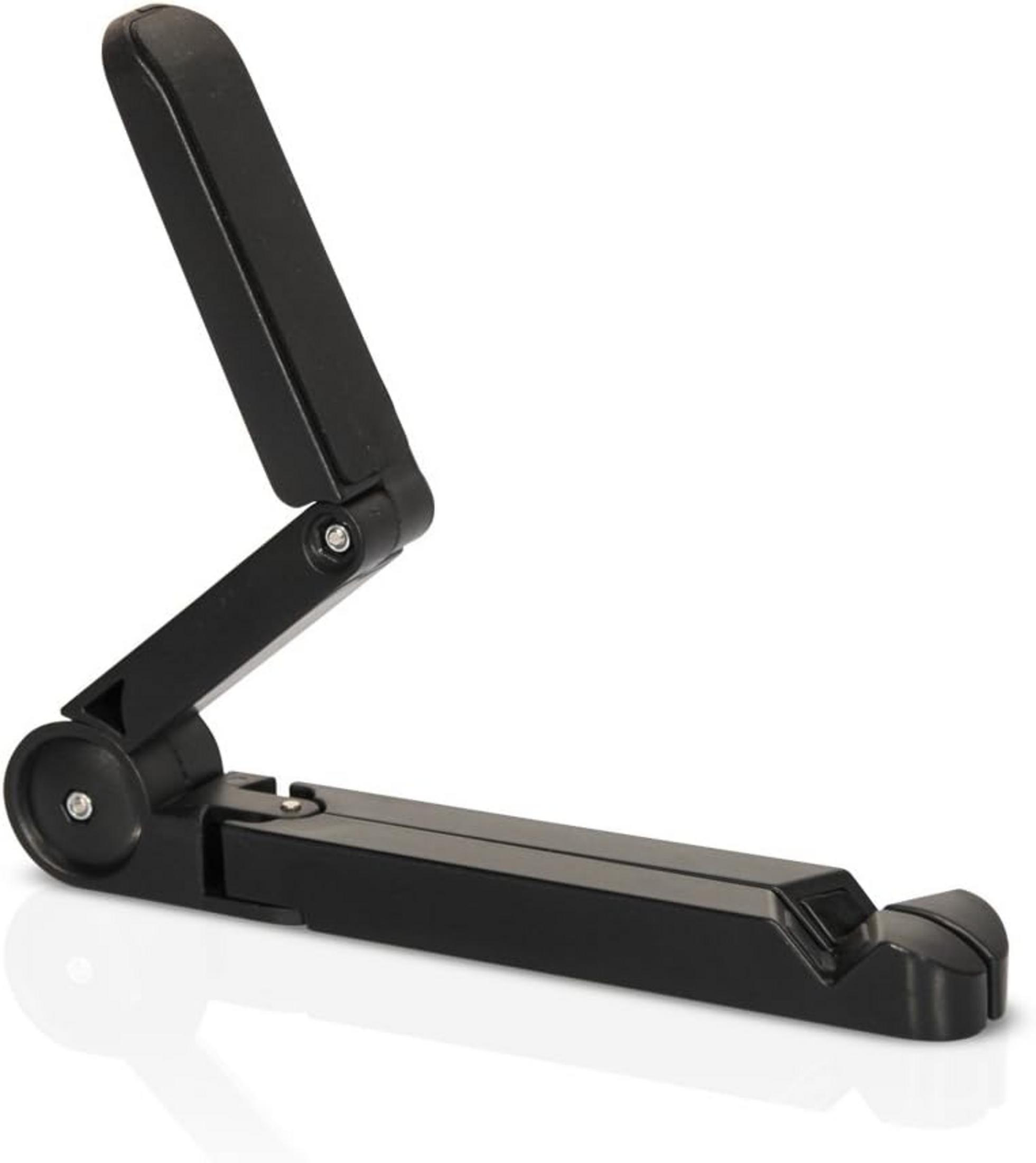 Un soporte plegable negro para tableta o teléfono inteligente, apoyado sobre una superficie blanca.