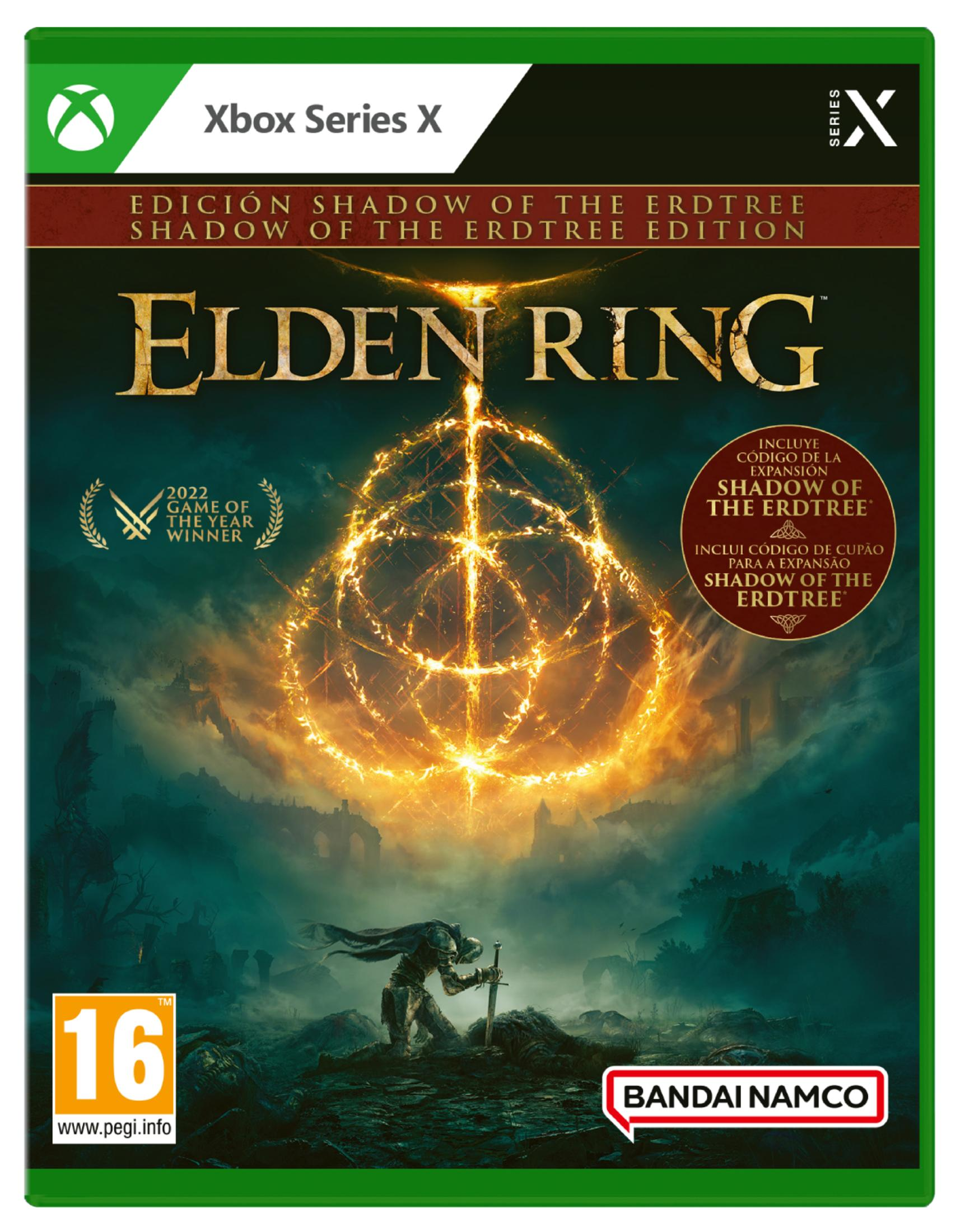 Portada del juego Elden Ring para Xbox Series X con guerrero y anillo de fuego.