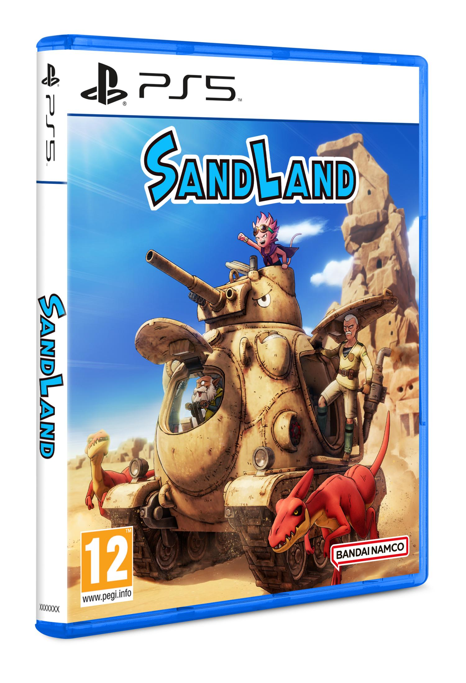Funda del juego PS5 "SandLand": Paisaje desértico con tanque, personajes y criaturas.