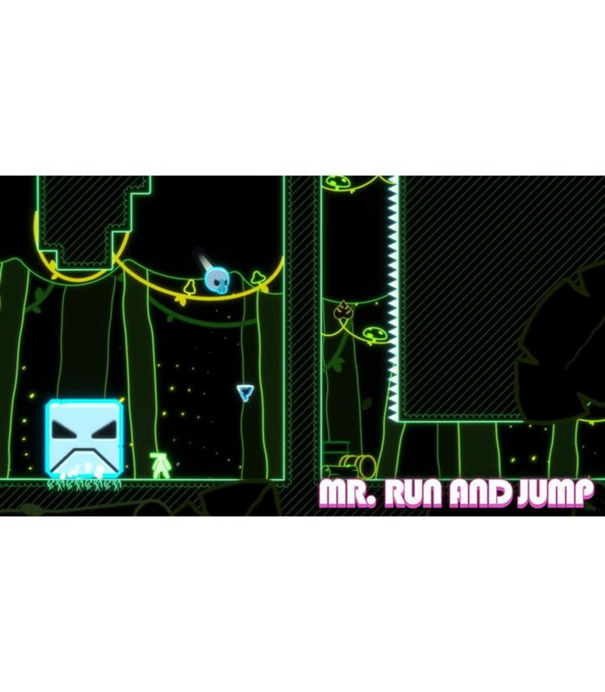 Un platform 2D verde neon con un personaggio a cubo e un'icona a teschio.