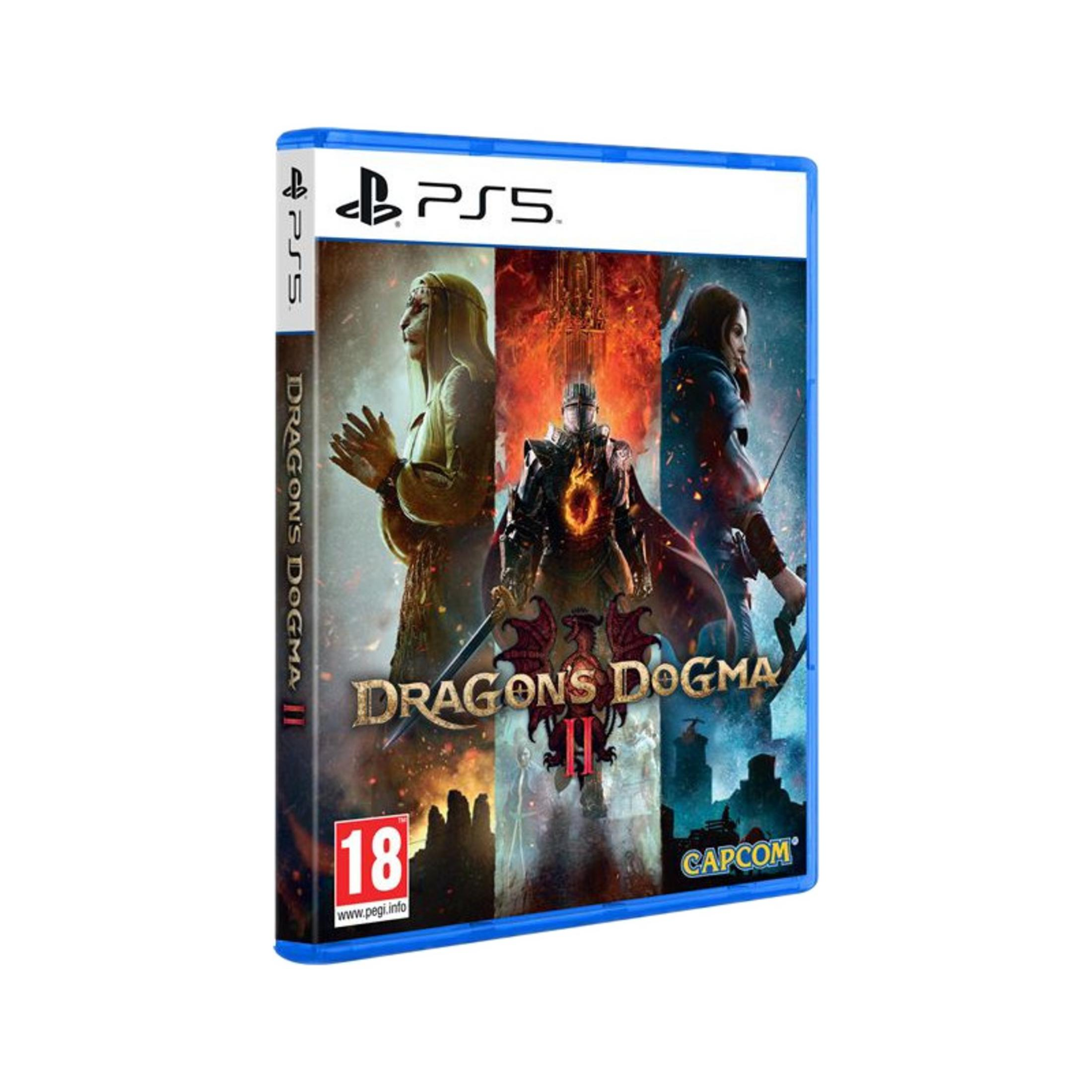 Caja del juego de PS5 Dragon's Dogma II. Presenta guerreros ardientes y dragones.