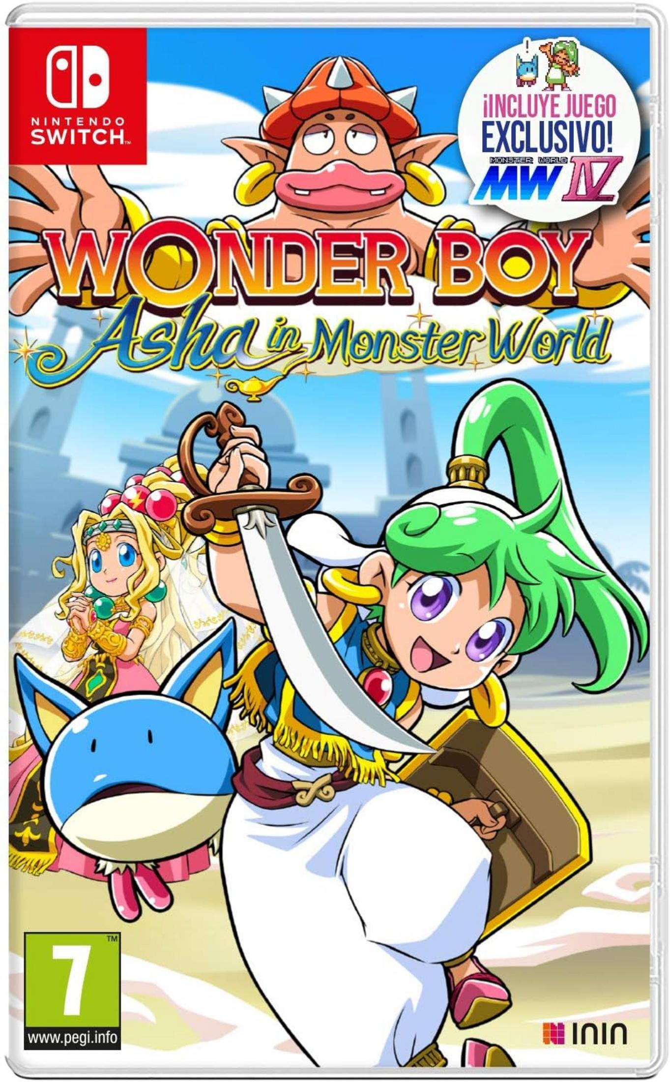 Copertina gioco Nintendo Switch Wonder Boy: Asha in Monster World. Personaggi e logo.