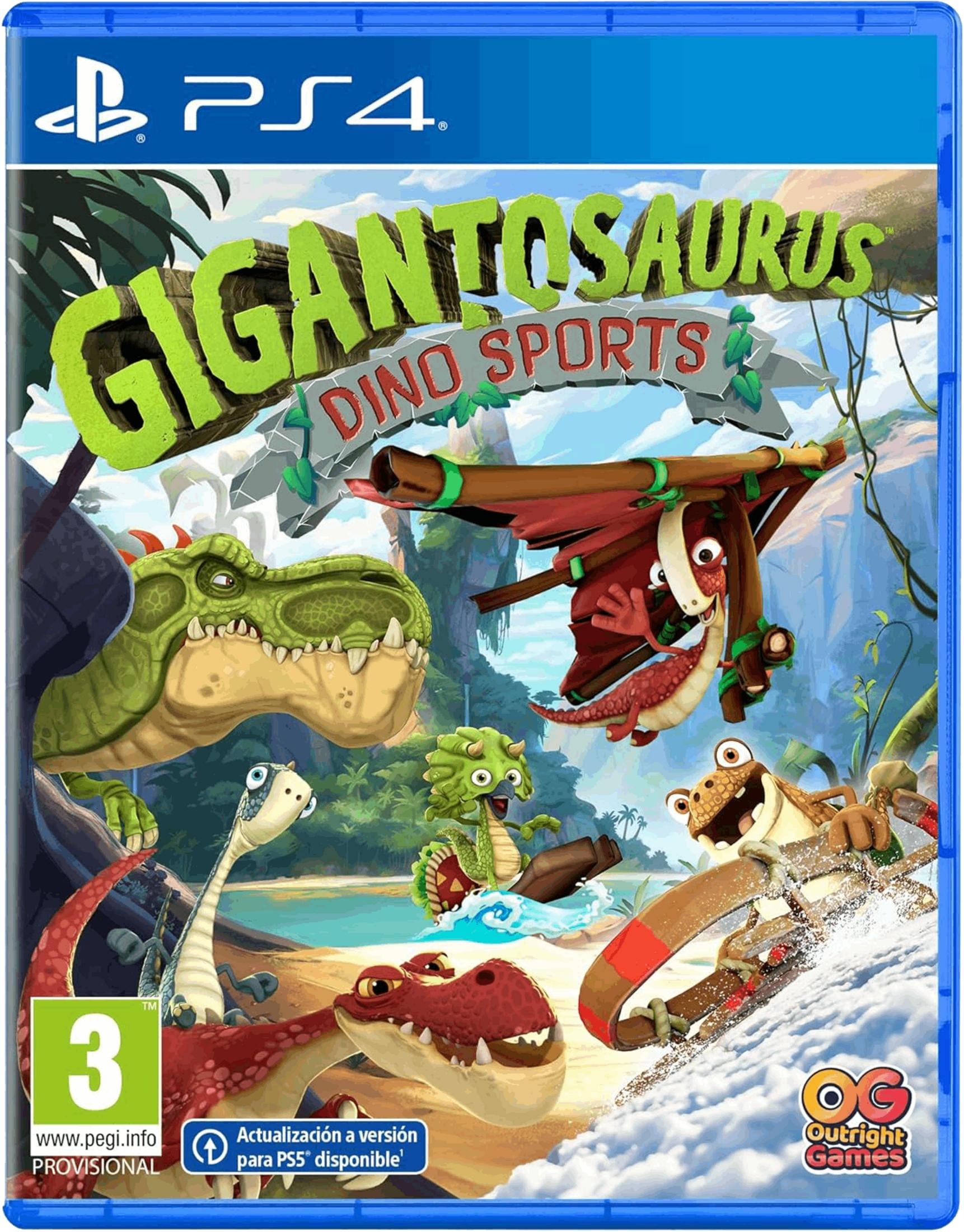 Portada de juego PS4 con dinosaurios de dibujos animados jugando deportes, titulada 'Gigantosaurus Dino Sports'.