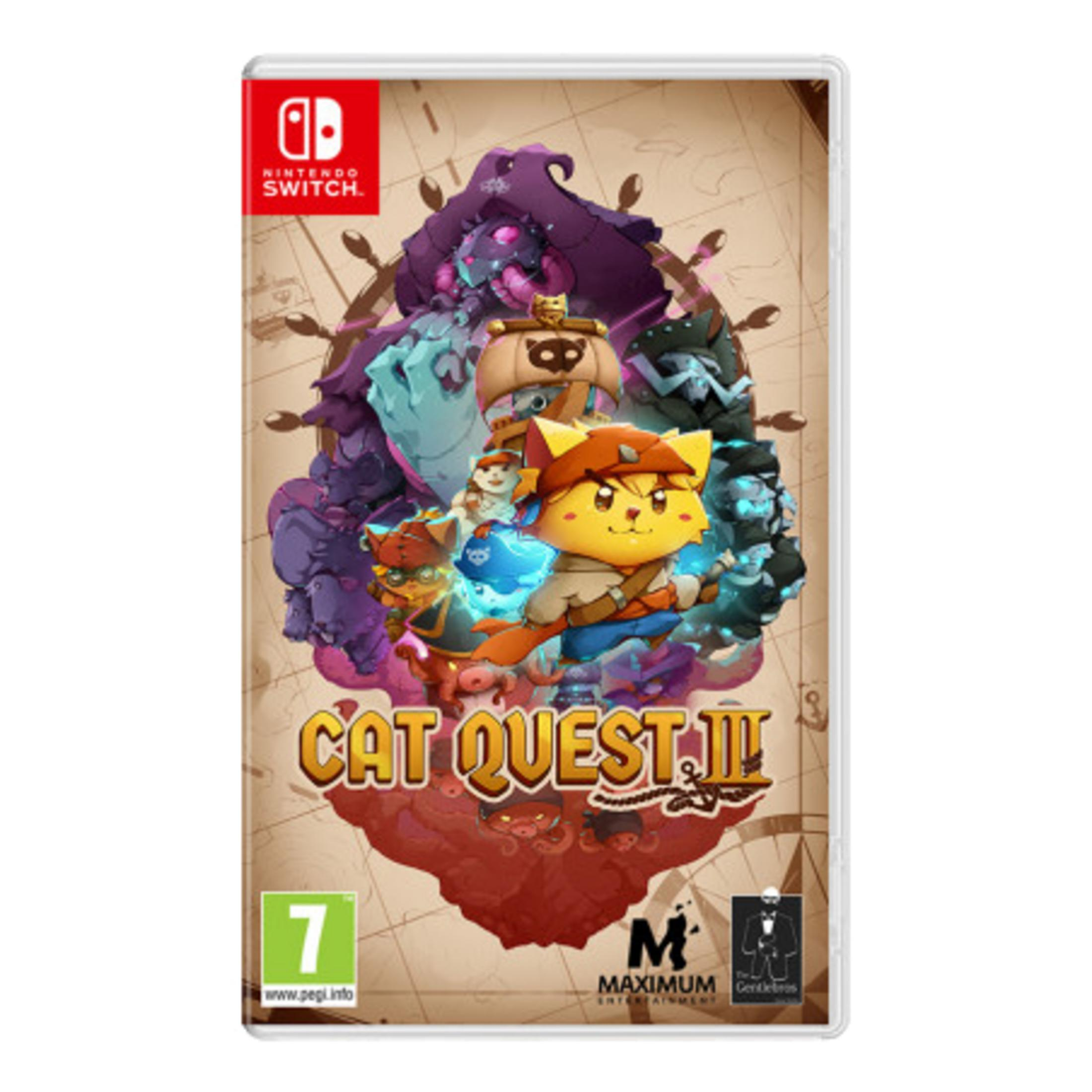 Copertina del gioco Cat Quest III per Nintendo Switch, con gatti in abiti da pirata su una mappa.