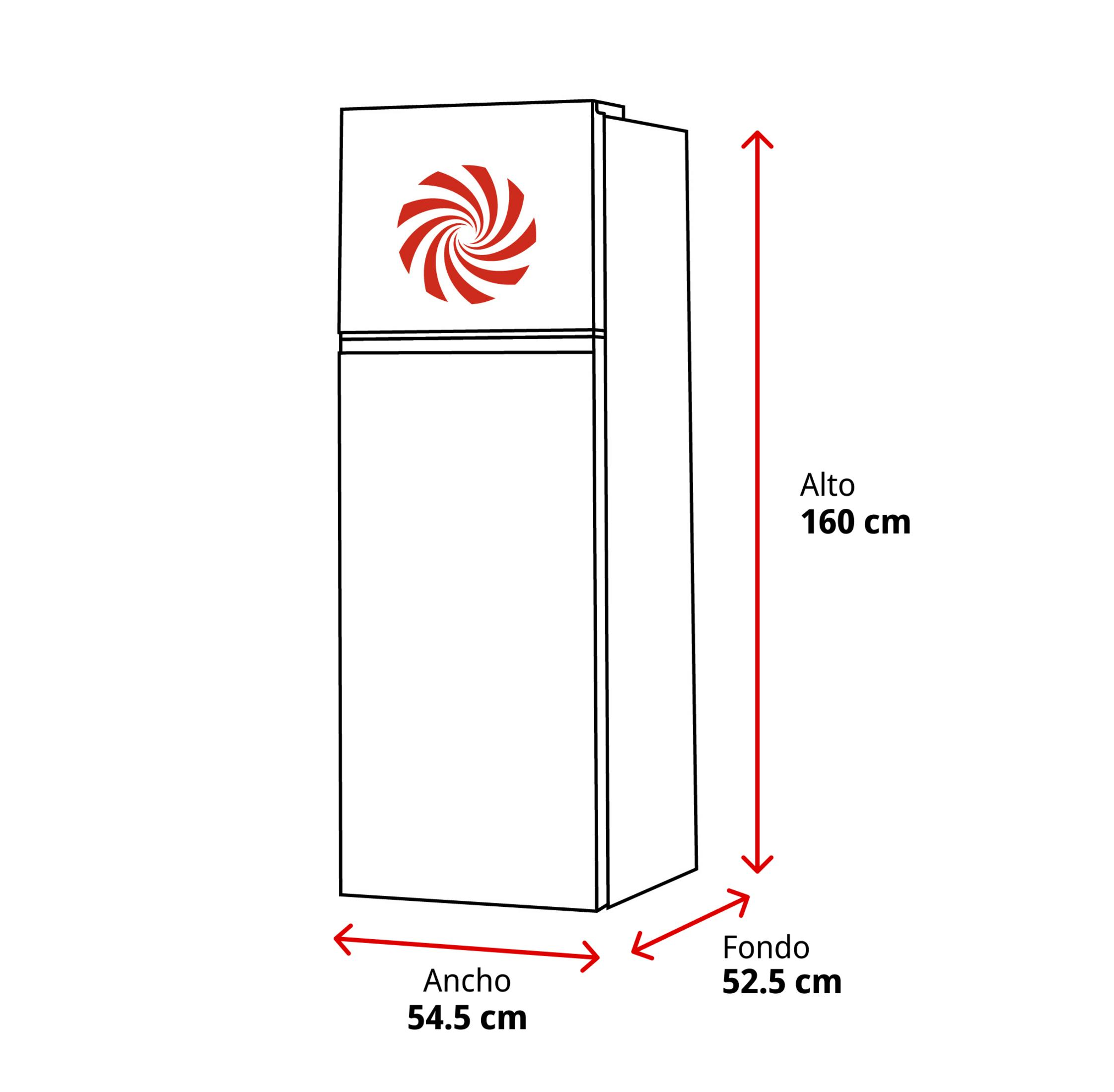Contorno de un refrigerador con dimensiones: alto 160 cm, ancho 54,5 cm, fondo 52,5 cm.