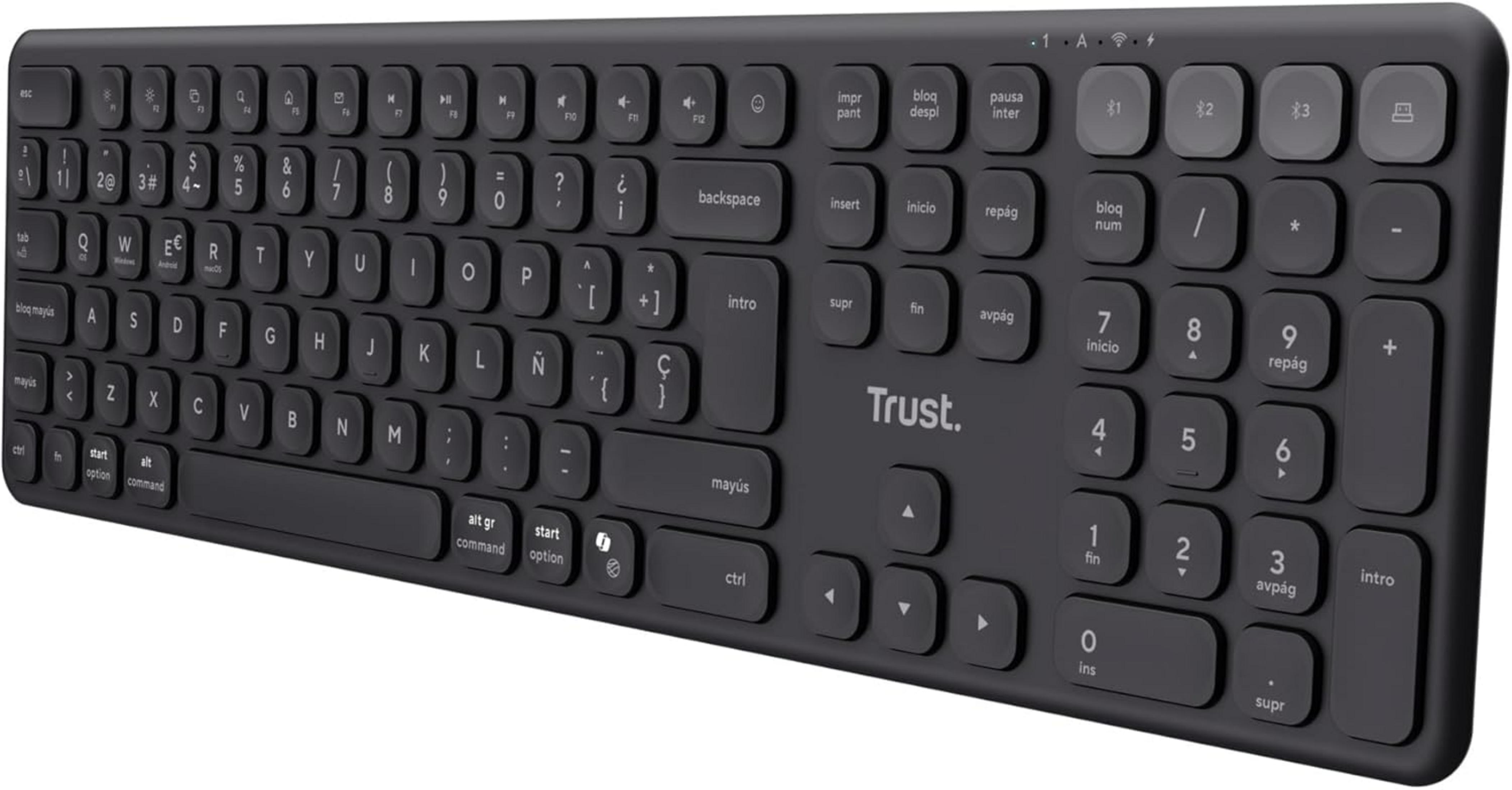 Una tastiera wireless nera con layout QWERTZ e tastierino numerico.
