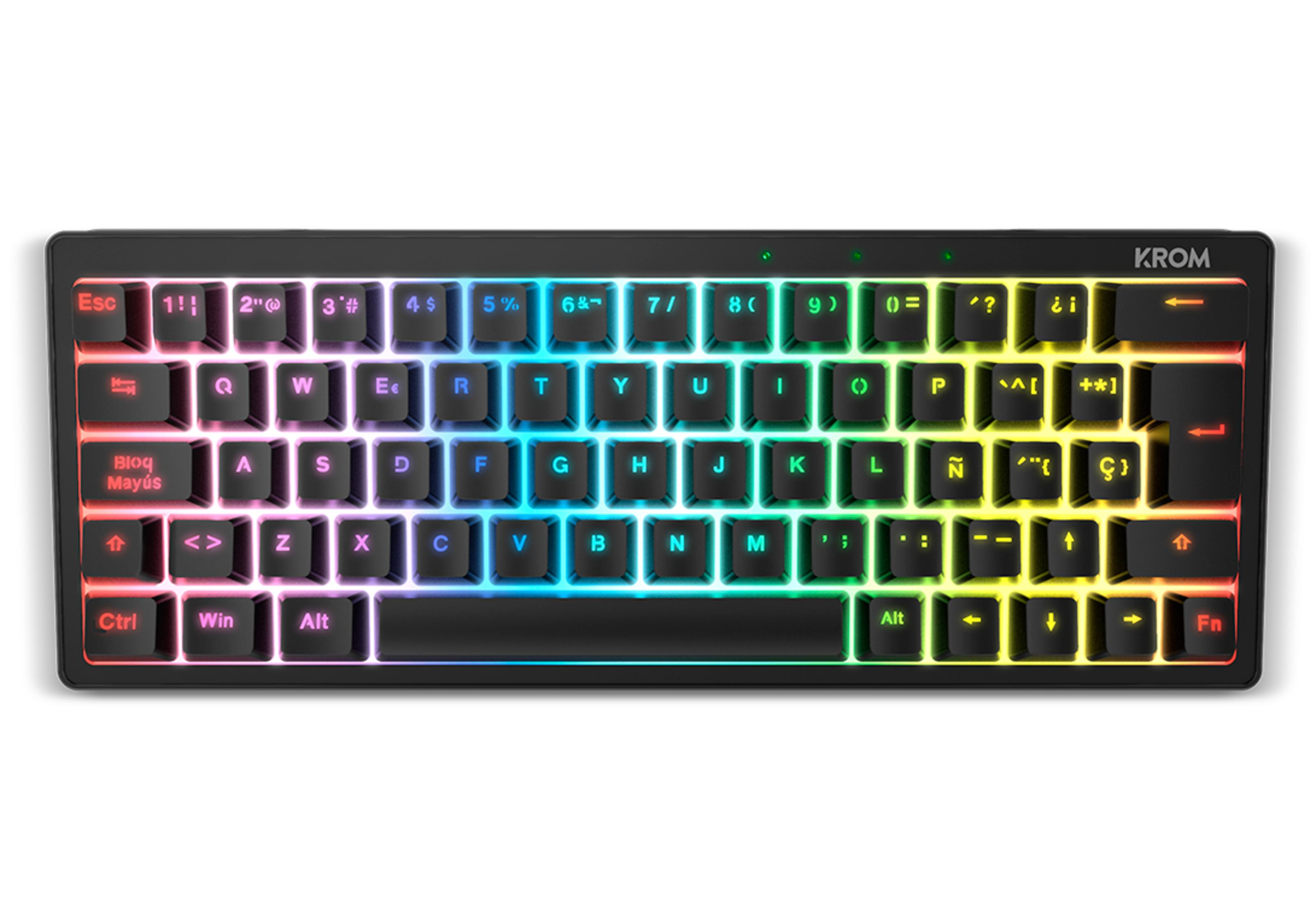 Tastiera gaming RGB nera con tasti illuminati.