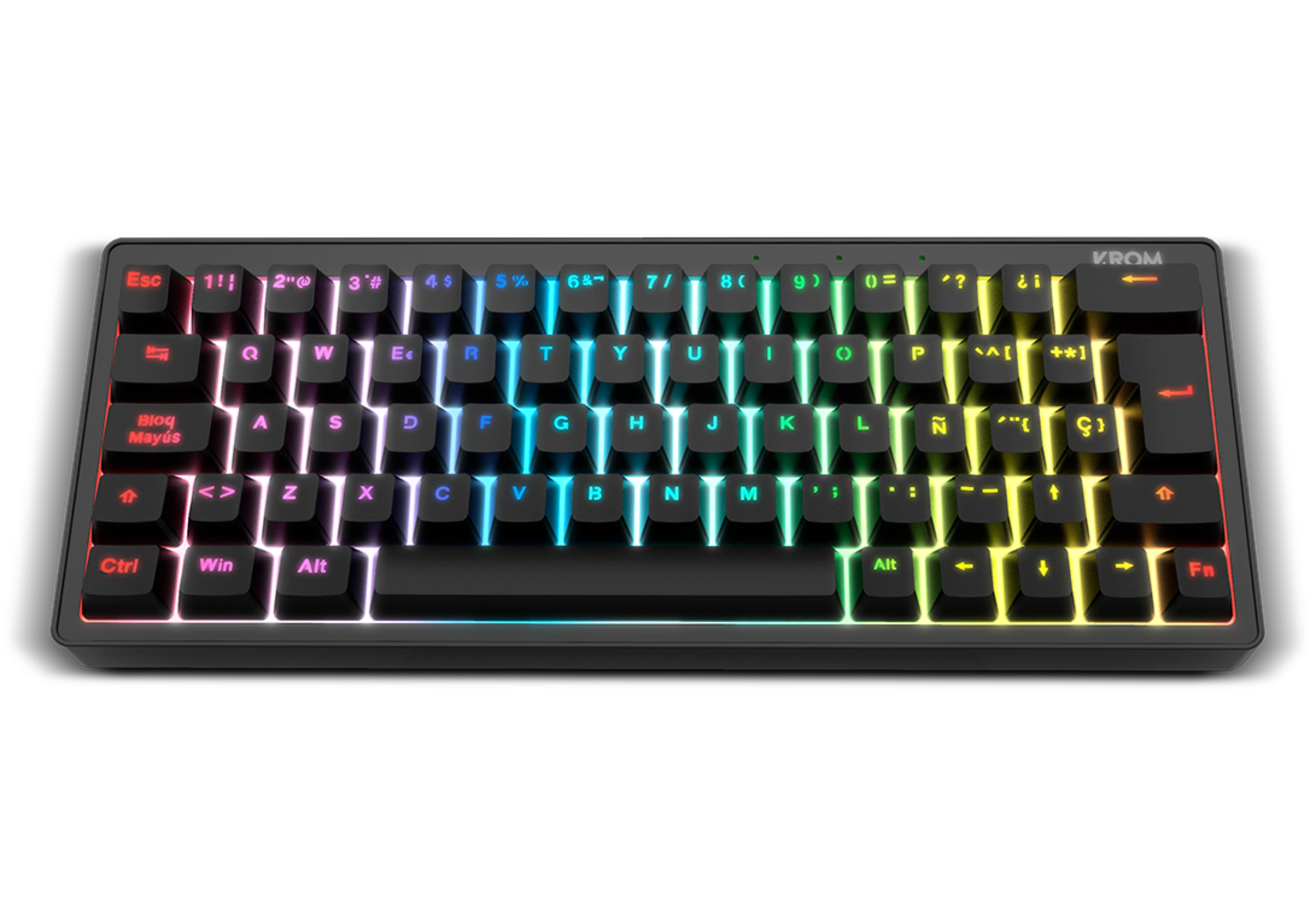 Una tastiera VROM nera e compatta con illuminazione RGB.