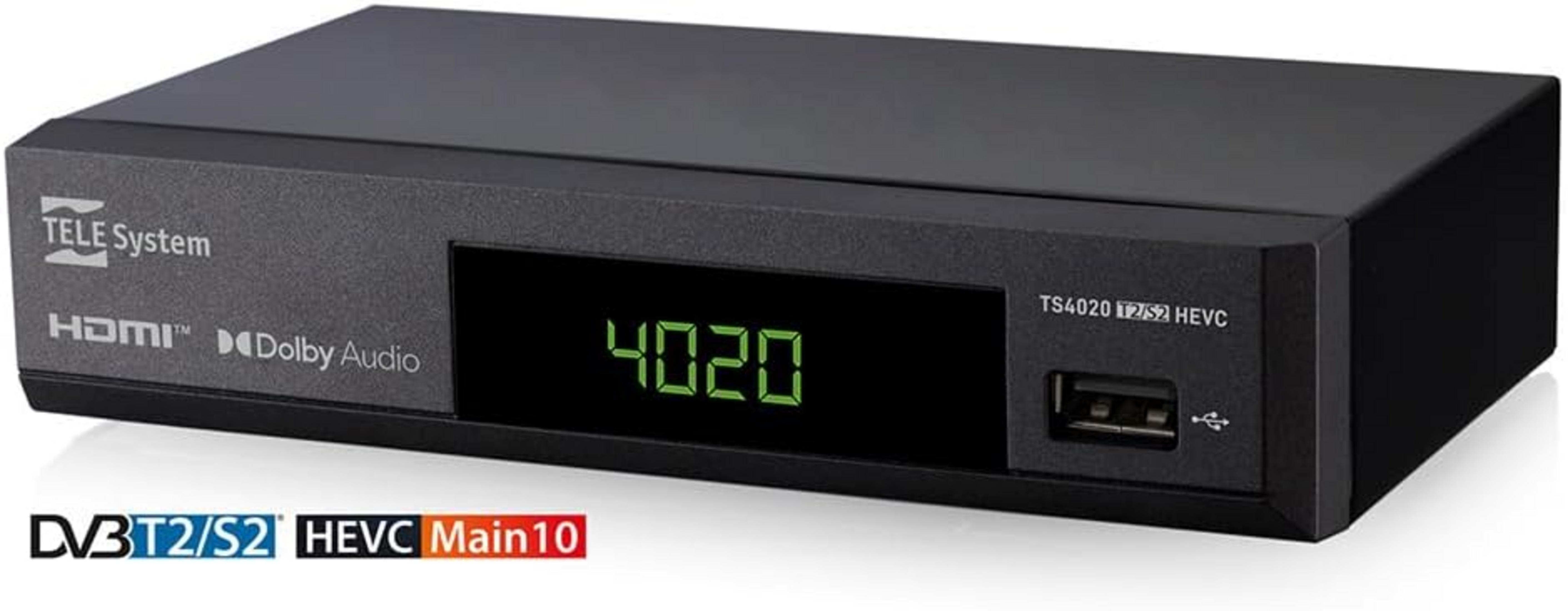 Receptor negro con HDMI, Dolby Audio, USB y pantalla digital 4020.