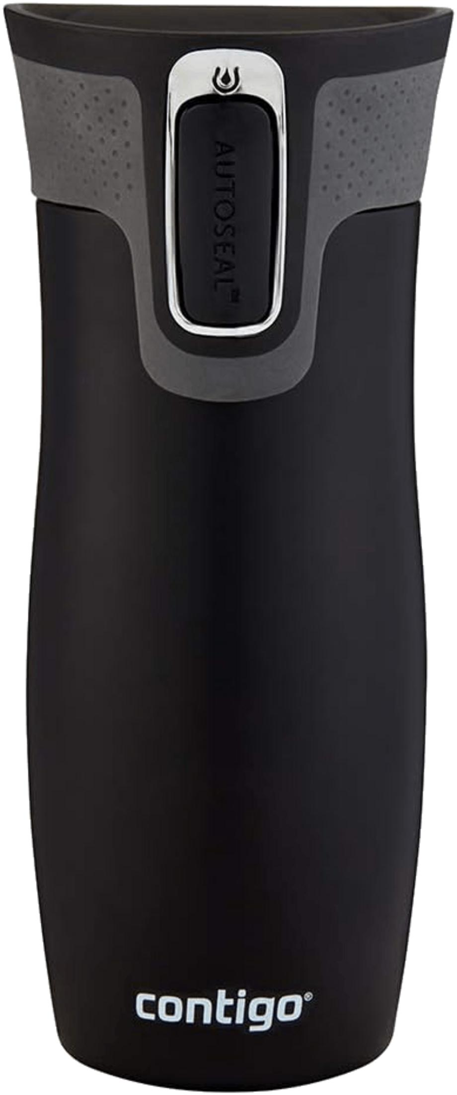 Taza de viaje Contigo negra con botón AUTOSEAL y agarre texturizado.