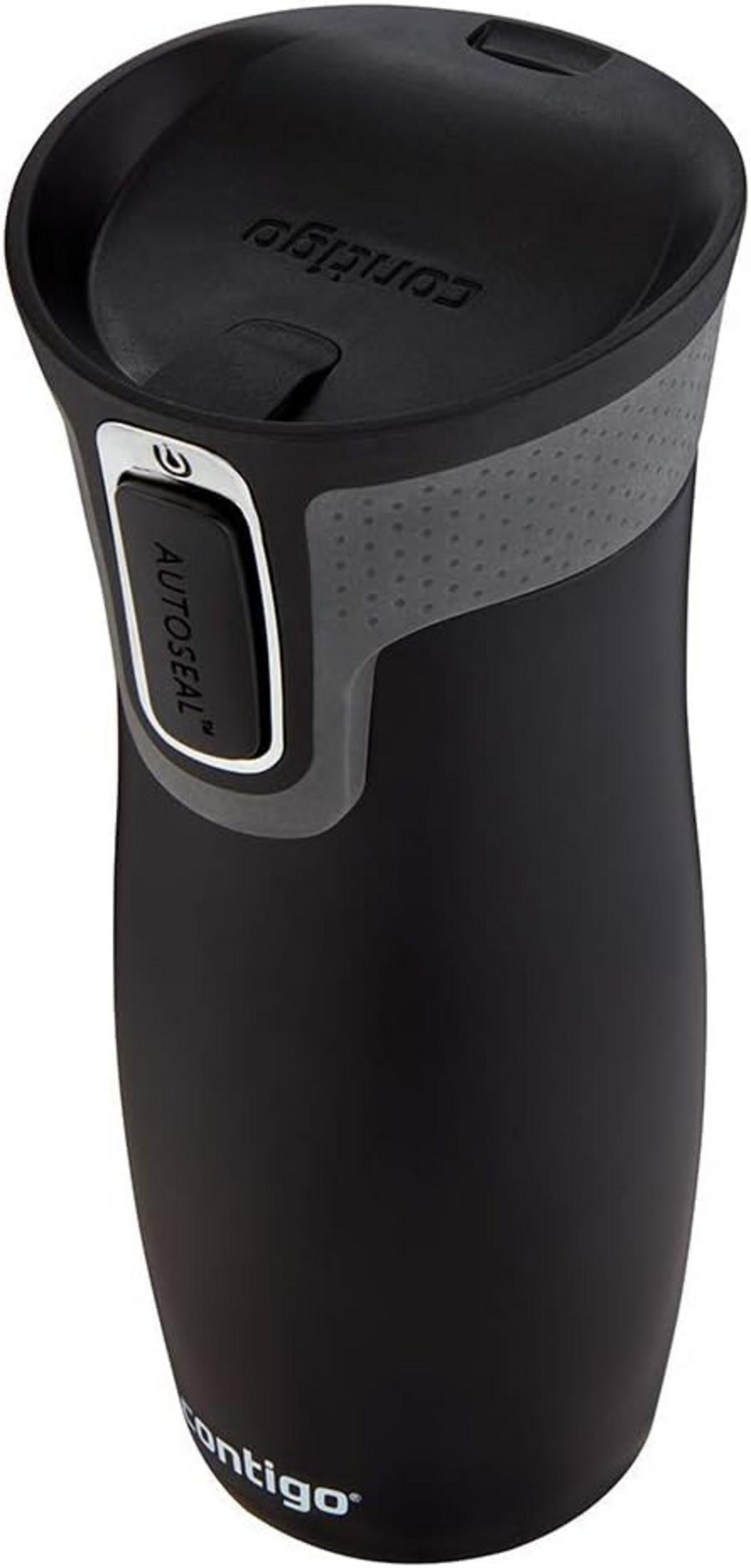 Taza de viaje Contigo negra con botón Autoseal y agarre texturizado.