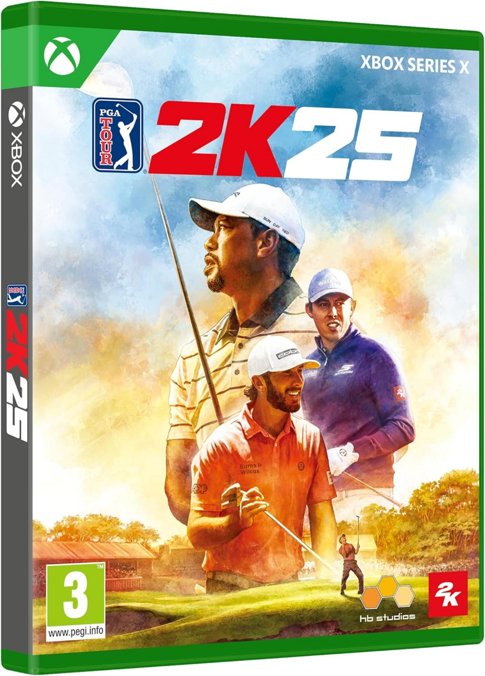 Portada de PGA Tour 2K25 para Xbox Series X con golfistas y logos.