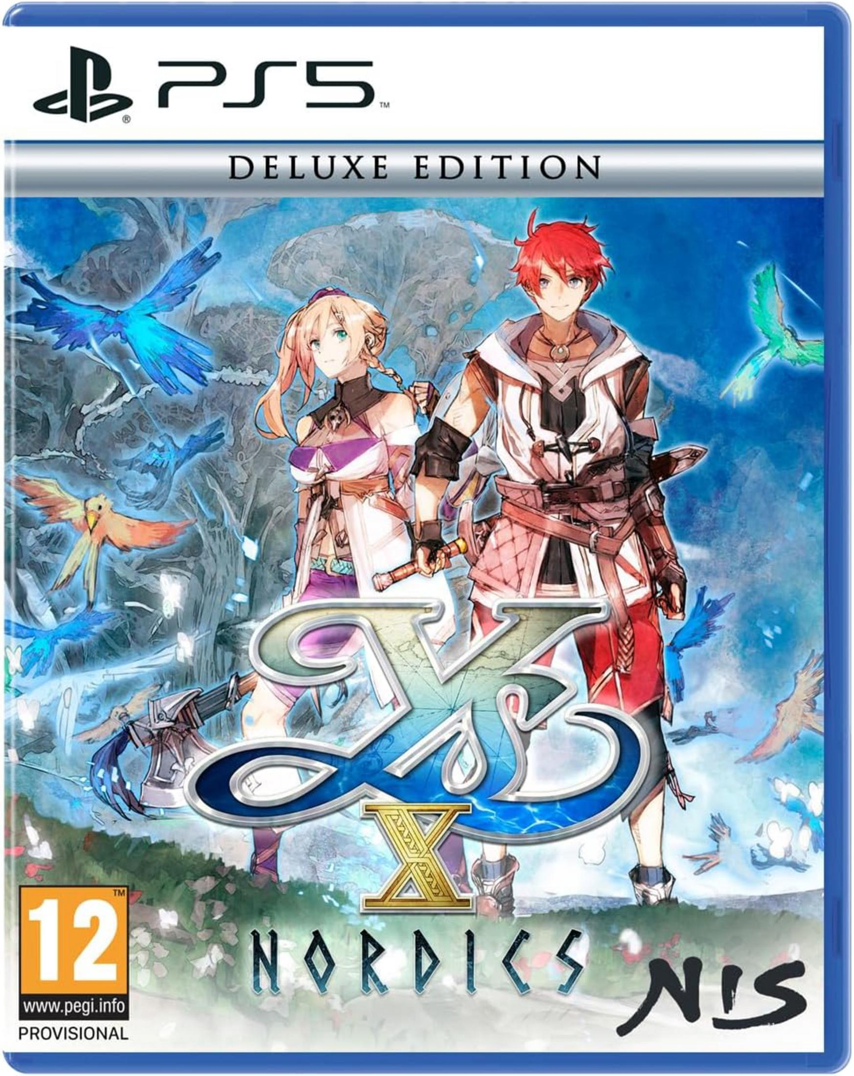 Copertina del gioco PS5 con due personaggi, uccelli e il titolo Ys X: Nordics.