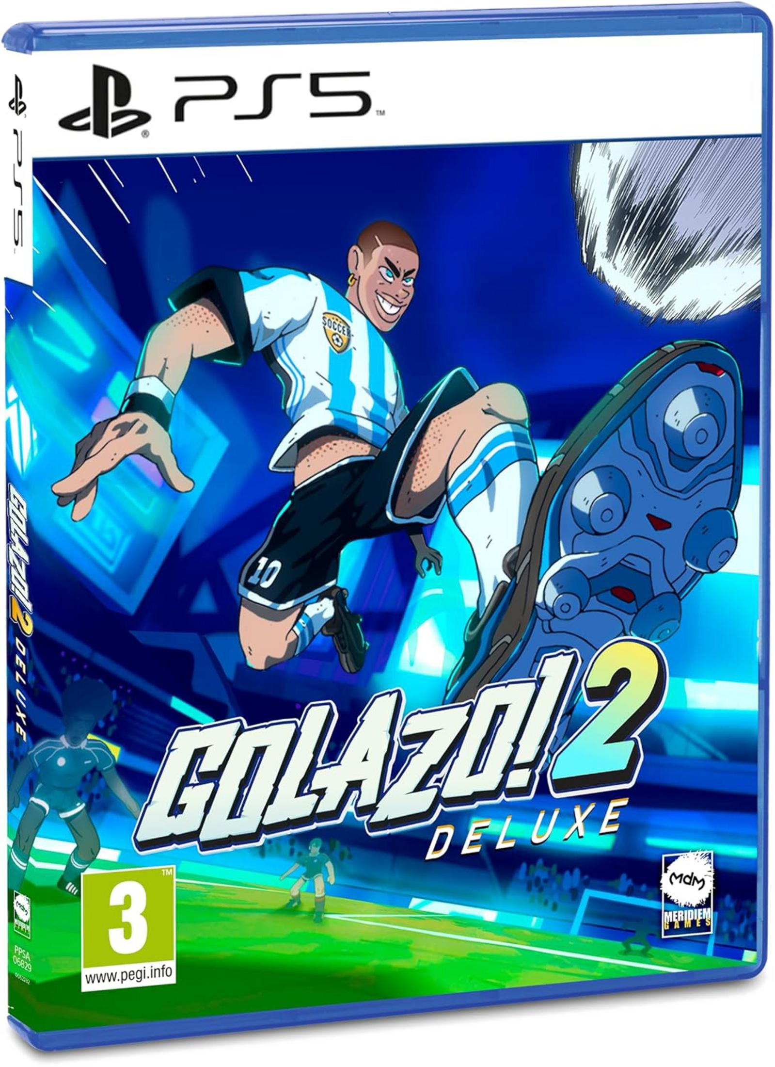 Portada de videojuego de fútbol con un jugador pateando.