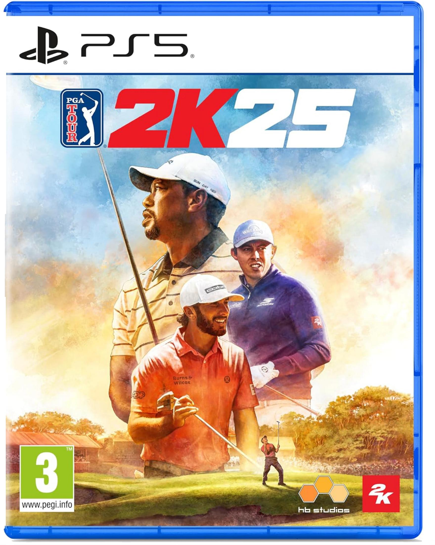 Portada del juego PGA Tour 2K25 PS5 con los golfistas Tiger Woods, Scottie Scheffler y Max Homa.