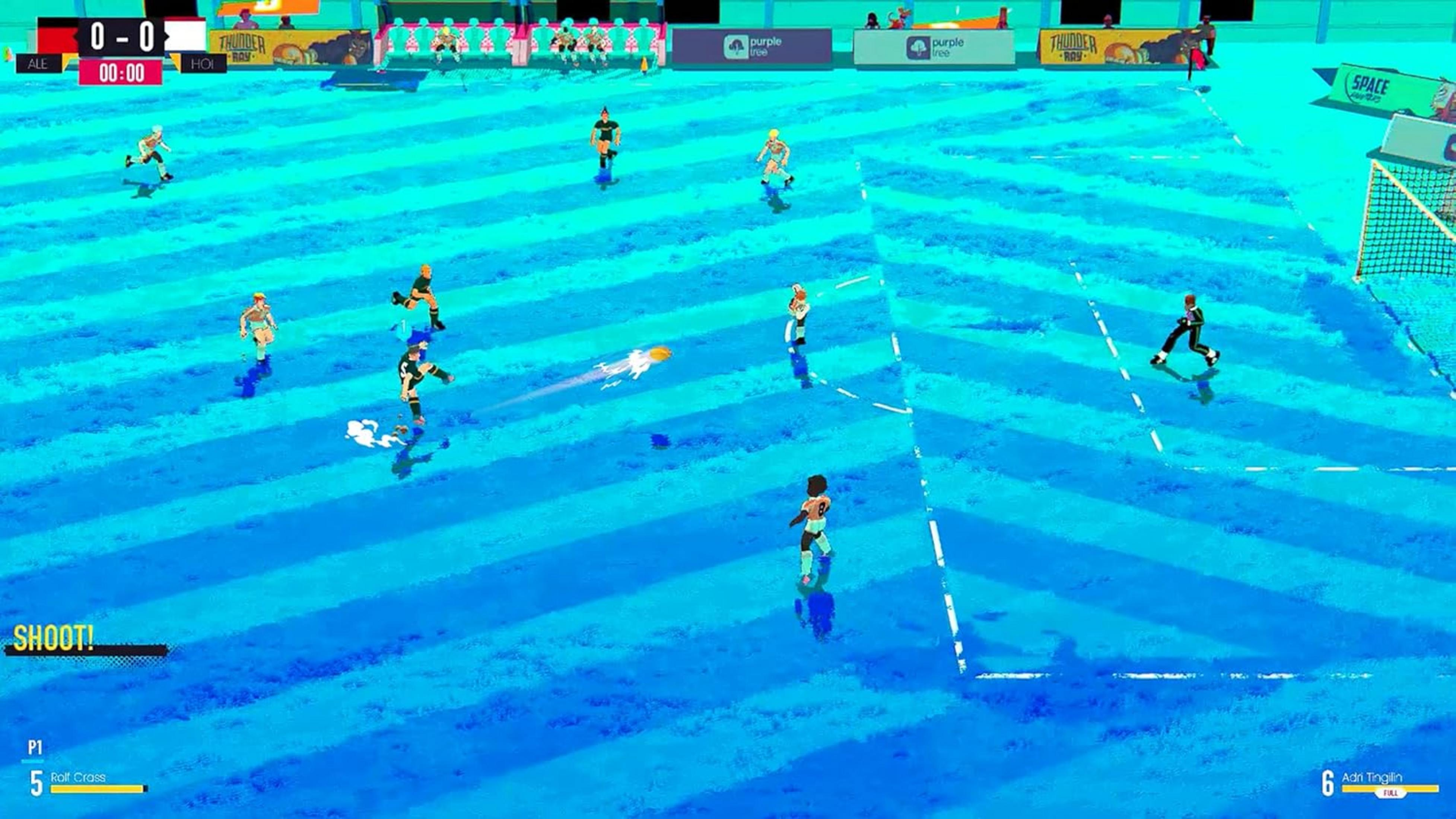 Partita di calcio con due squadre su campo blu. Un giocatore tira in porta.