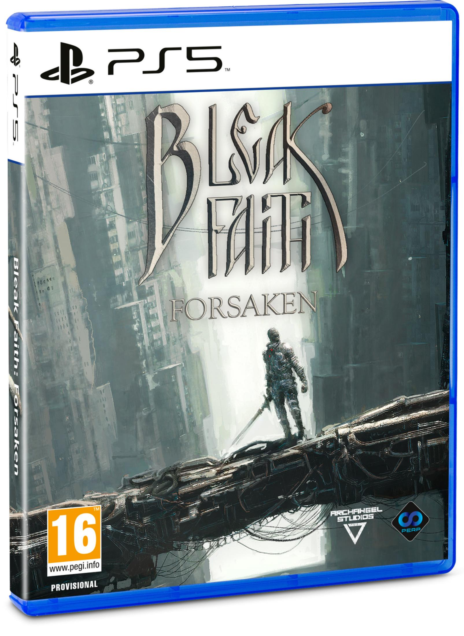 Copertina gioco PS5: Cavaliere su un ponte in una città desolata. Titolo: Bleak Faith: Forsaken.