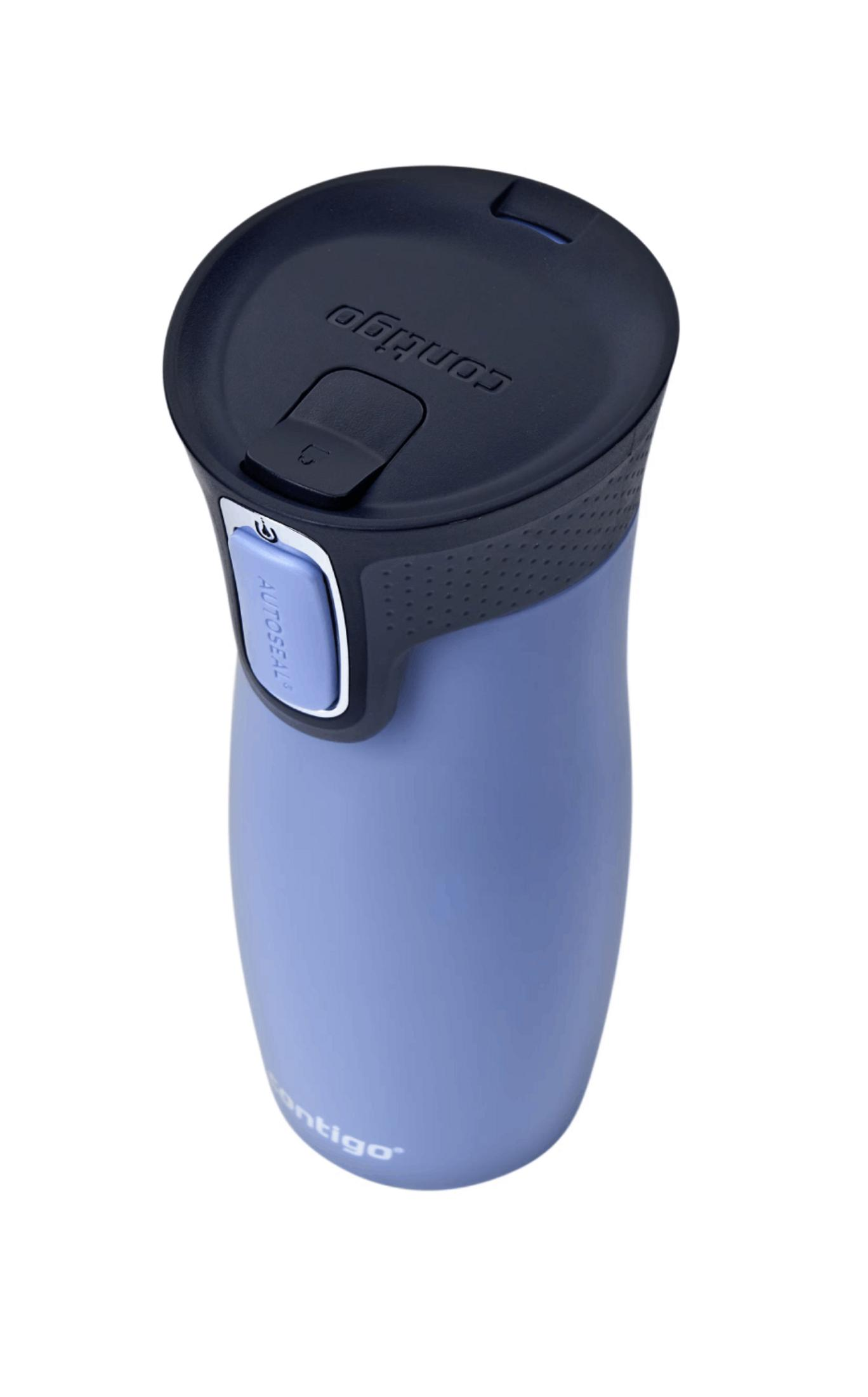 Una taza de viaje Contigo azul con tapa negra y botón "Autoseal".