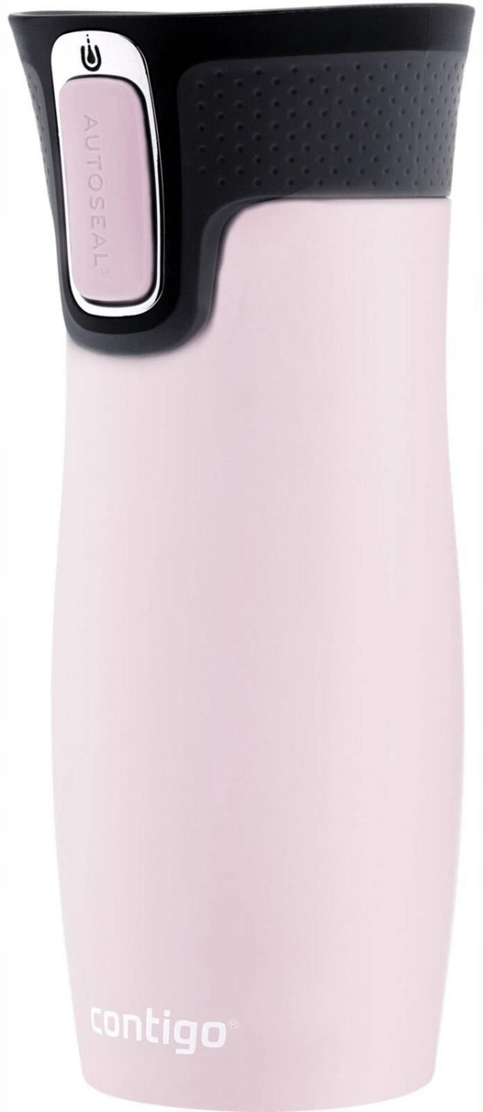 Un termo Contigo rosa claro con tapa negra y botón Auto-Seal plateado.