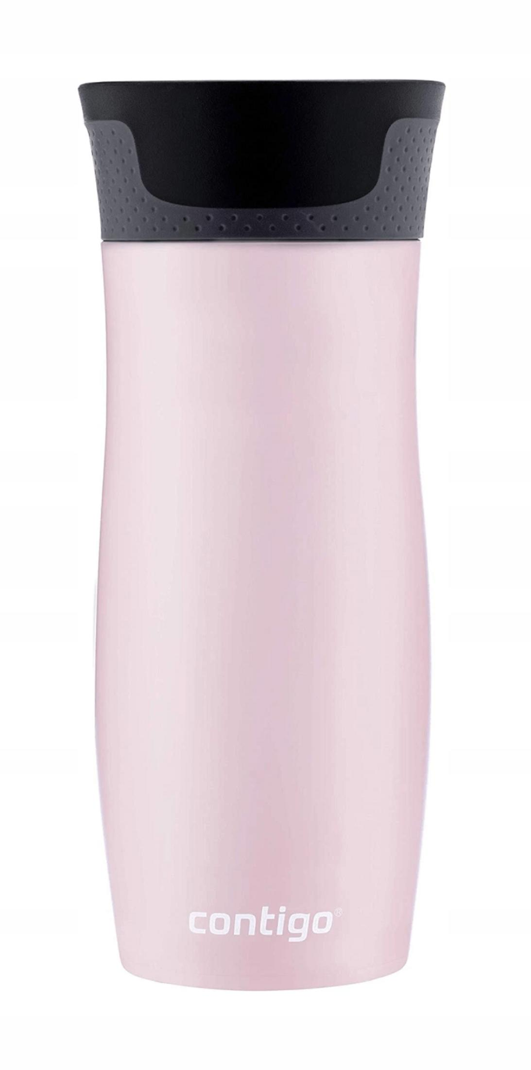 Un termo Contigo rosa con tapa negra y agarre texturizado.