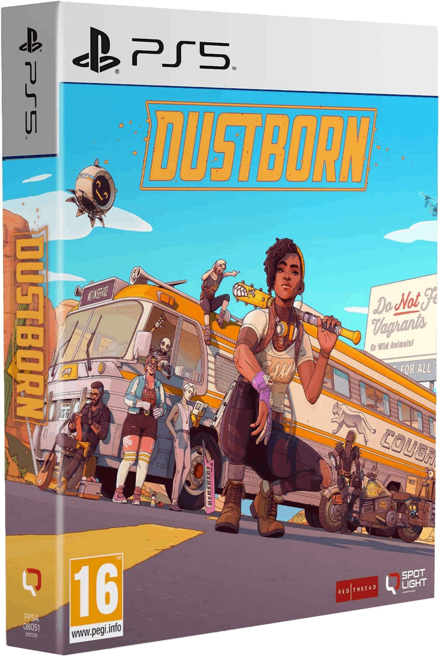Copertina del gioco PS5 "Dustborn" con personaggi davanti a un bus e una moto.