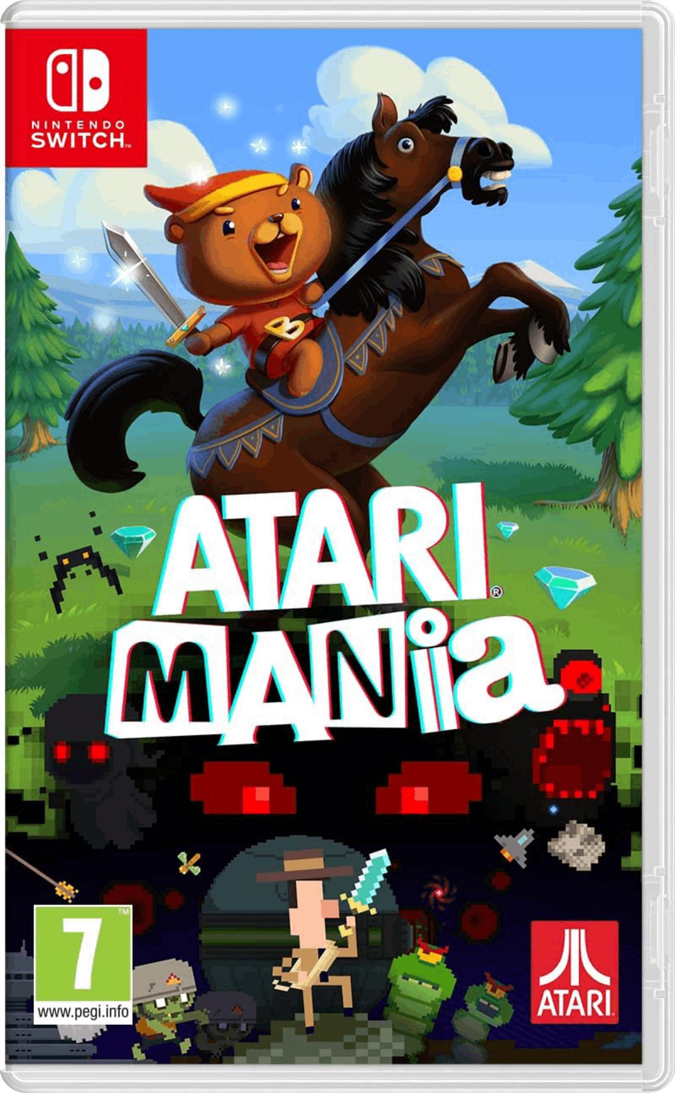 Copertina del gioco Atari Mania: orso cavalca cavallo, nemici pixelati, logo Nintendo Switch.