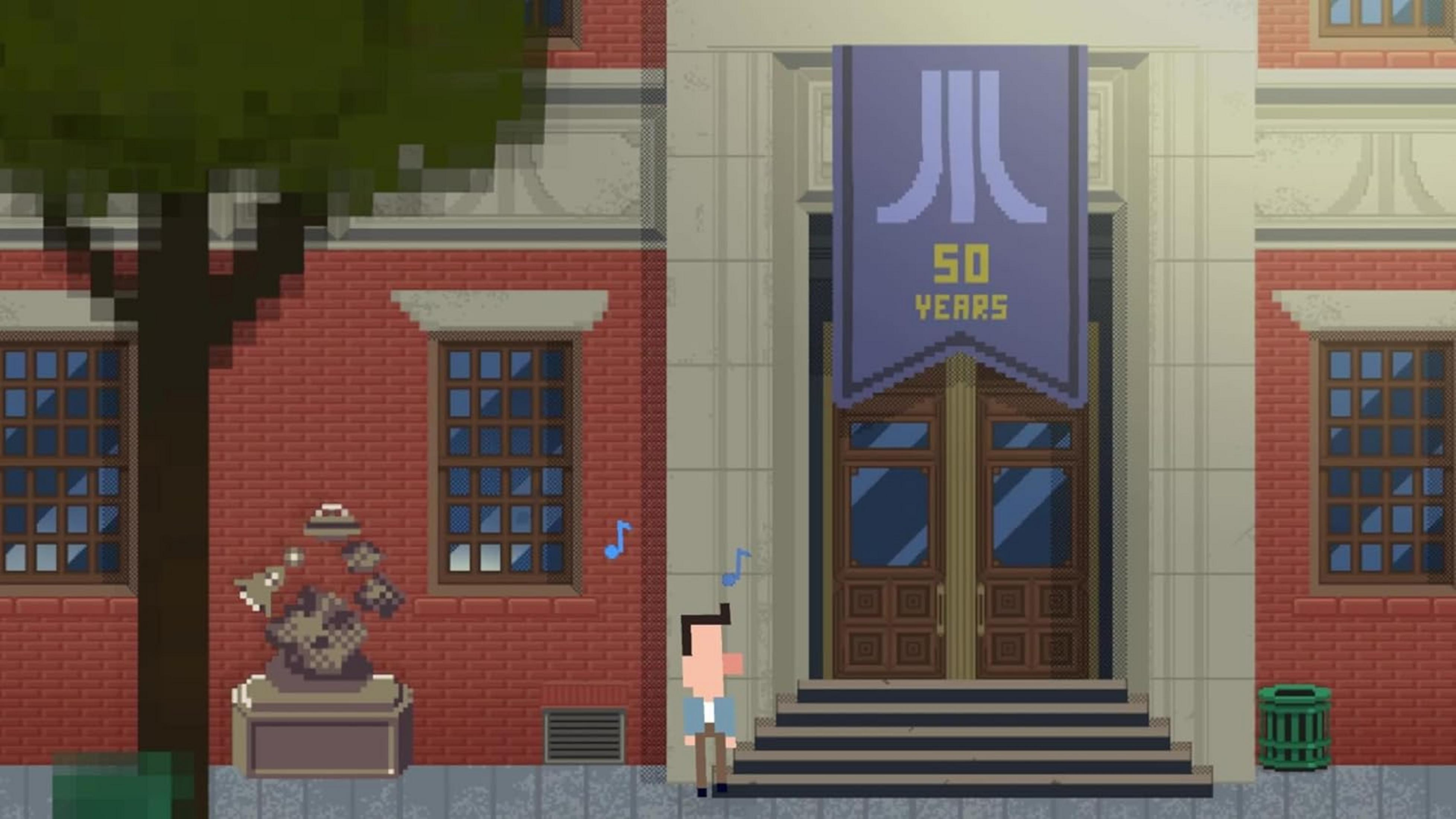 Pixel art: Uomo davanti edificio con striscione Atari, albero e scultura.