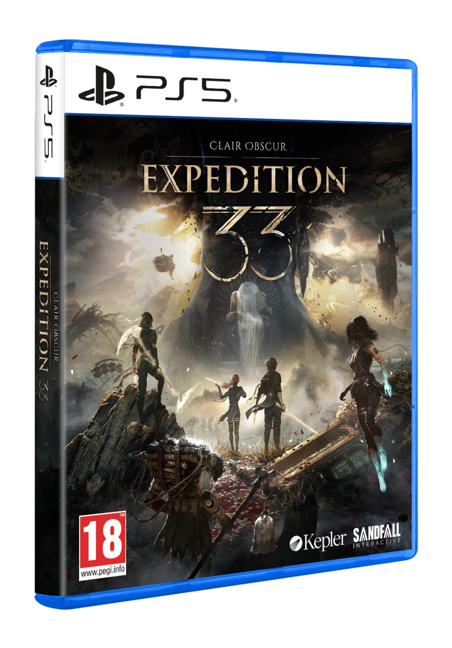Custodia del gioco PlayStation 5 per Expedition 33 con personaggi e logo.