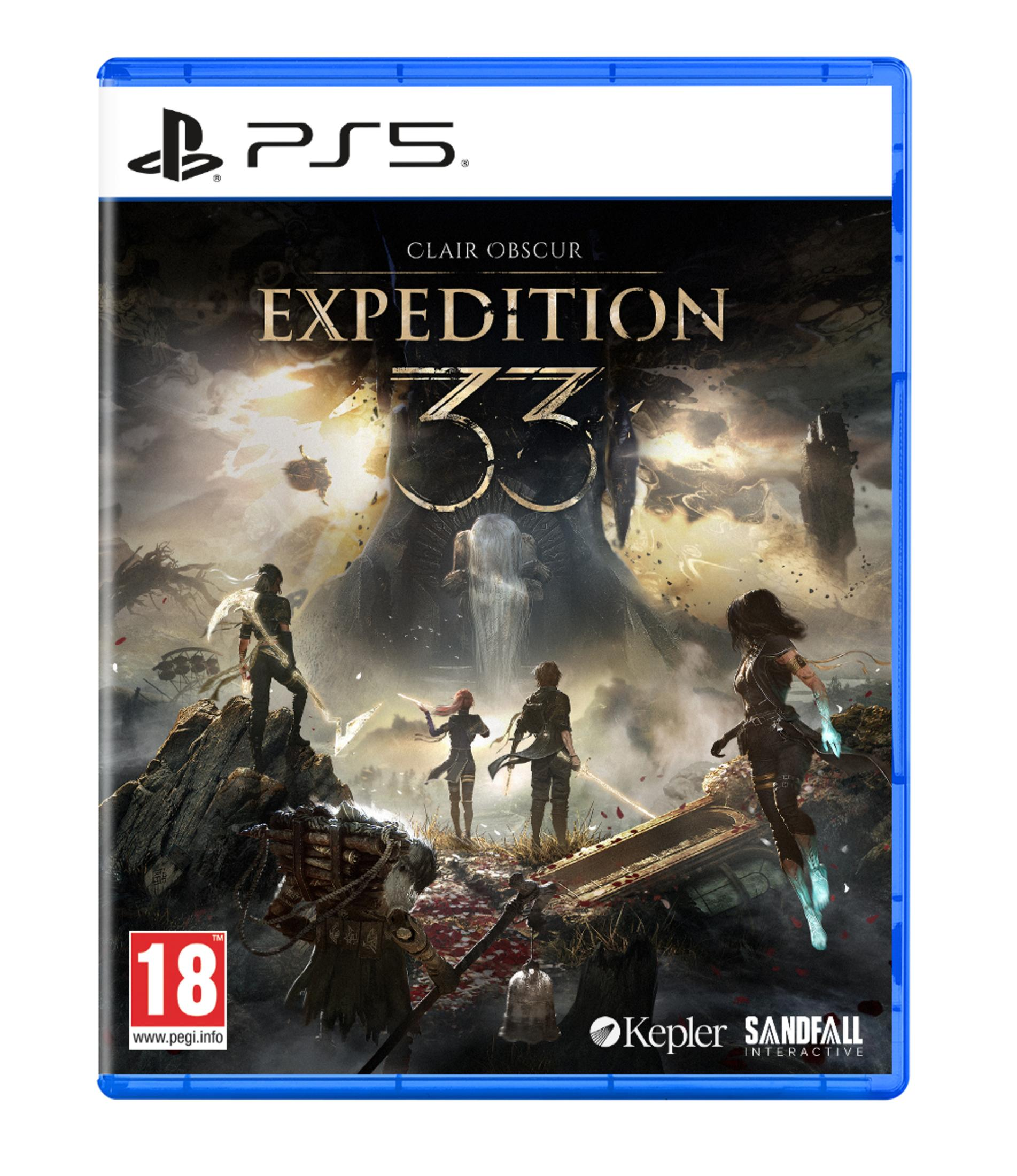 Copertina gioco PS5: Expedition 33 con personaggi su rocce davanti a uno sfondo drammatico.